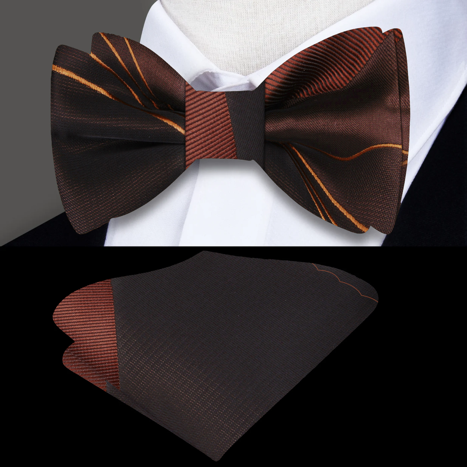Main: A Chocolate, Brown, Golden Abstract Pattern Silk Self Tie Bow Tie With Matching Pocket Square||Deep Chocolate, Cocoa, Honey