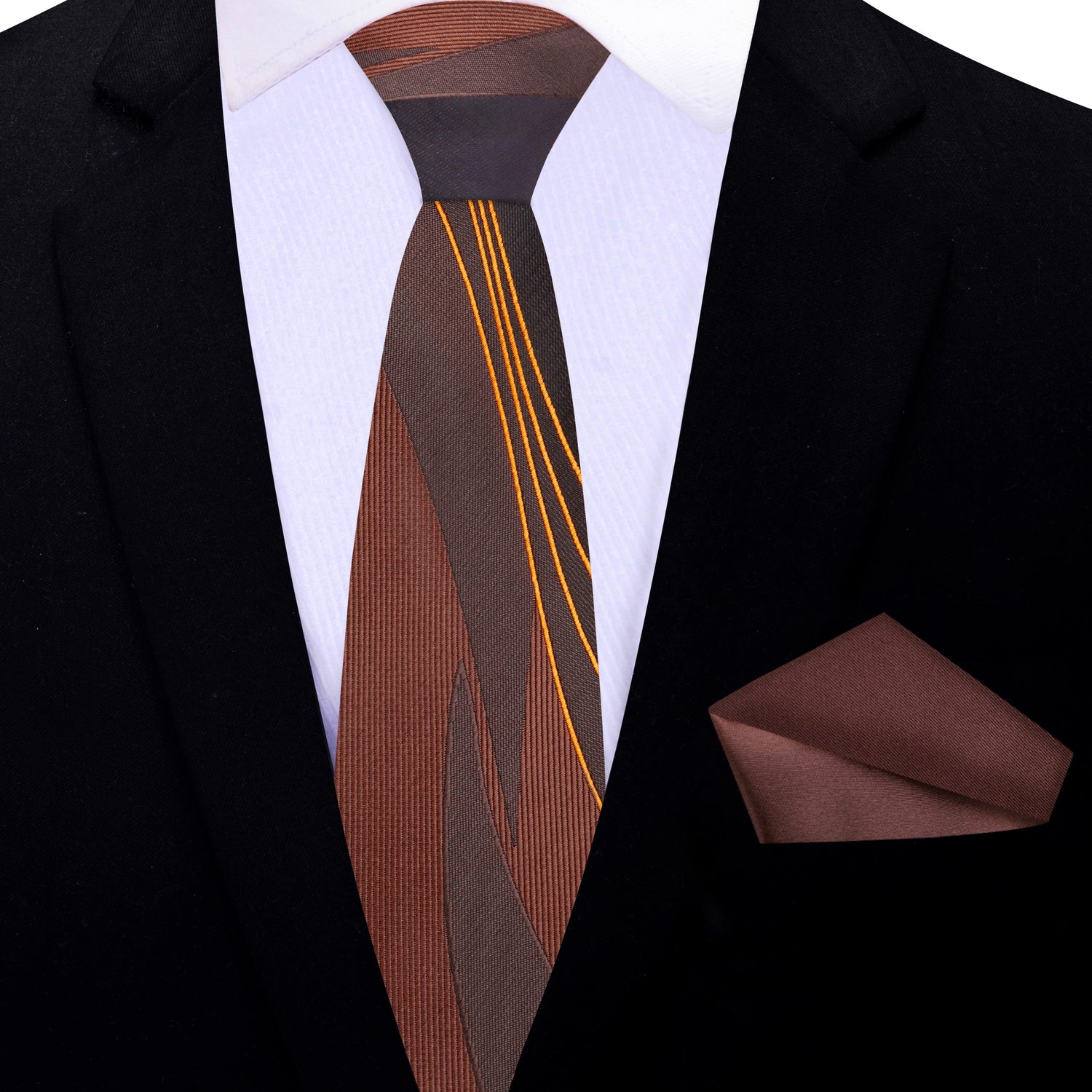 Thin Tie: Shades of Brown Abstract Lines Tie and Brown Square