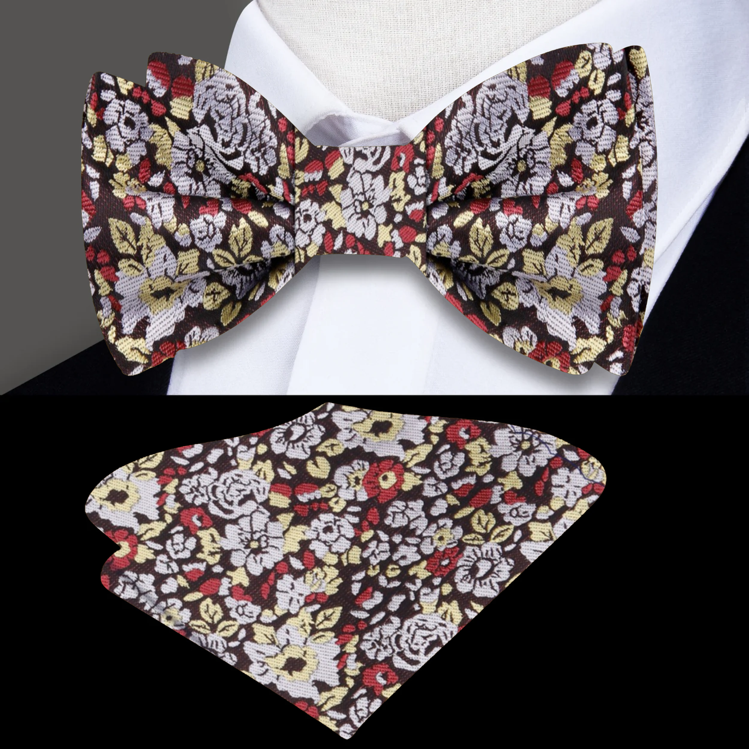 Main View: Sepia Flowers Bow Tie and Matching Square On Suit