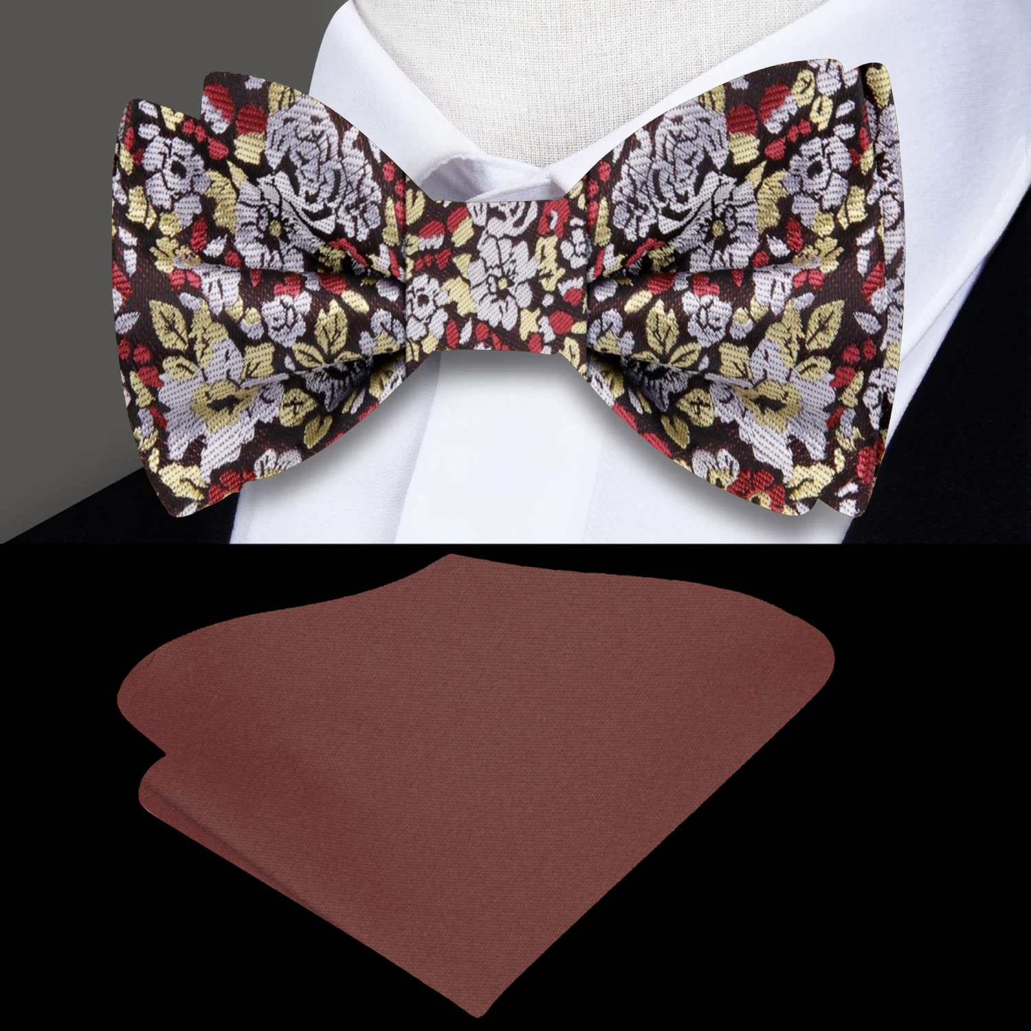 Main View: Sepia Flowers Bow Tie and Brown Square