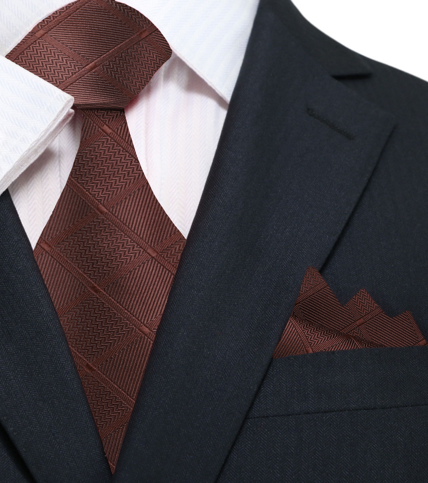 A Brown With Geometric Texture Pattern Silk Necktie, Matching Pocket Square