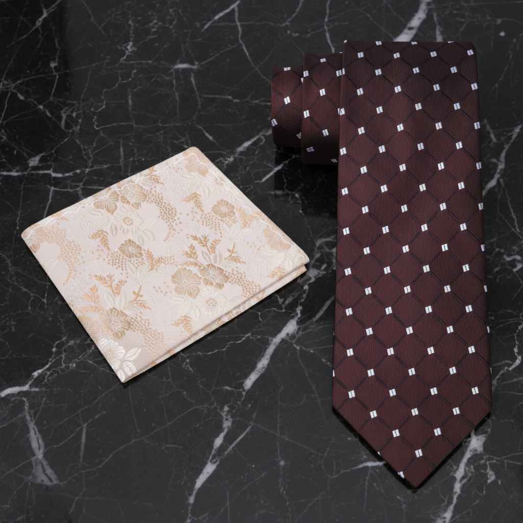Maroon tie with white pattern and beige floral pocket square on a black marble surface