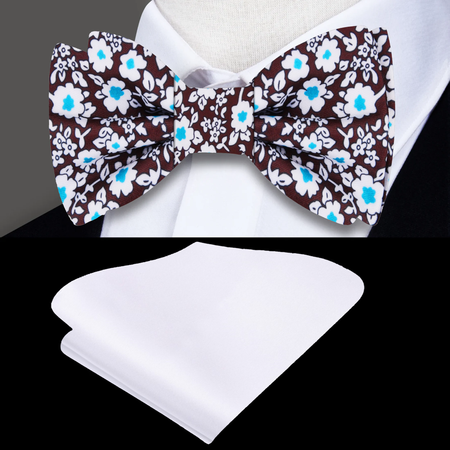 Brown, Light Blue, White Small Flowers Bow Tie and White Square