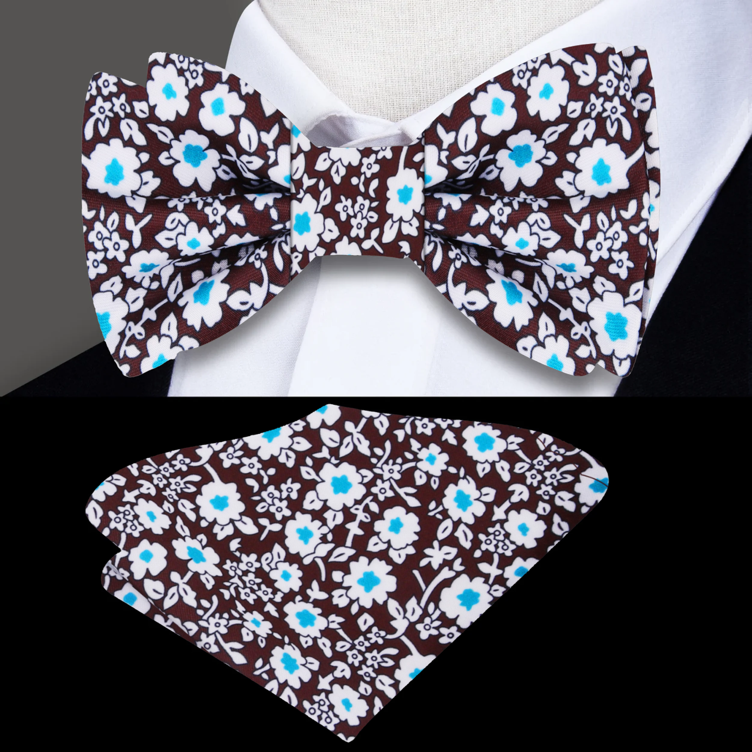 Brown, Light Blue, White Small Flowers Bow Tie and Square