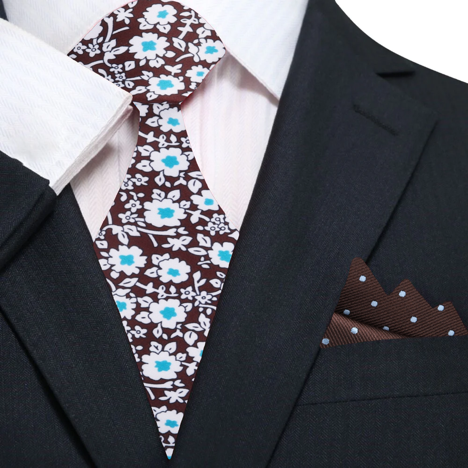 Premium Brown, White, Light Blue Small Flowers Necktie and Brown, Light Blue Polka Square