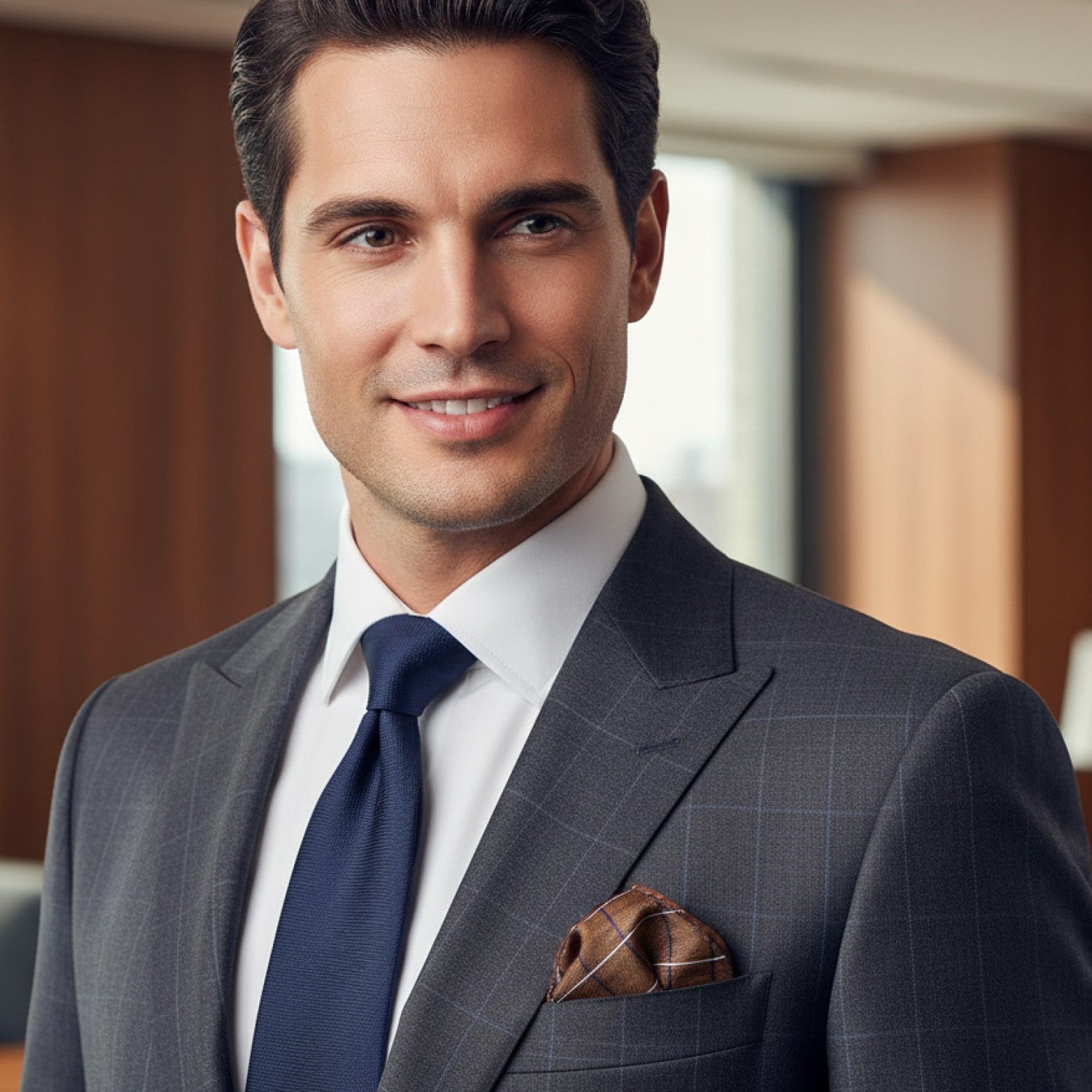 Man wearing brown plaid square on grey windowpane suit