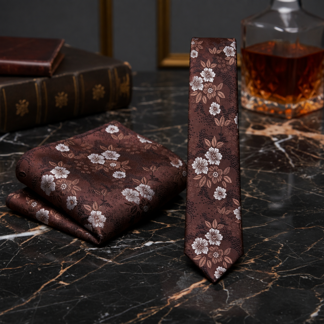 A men's necktie and matching pocket square set in dark brown satin with a white and beige floral pattern, displayed on a black marble surface next to a glass decanter.