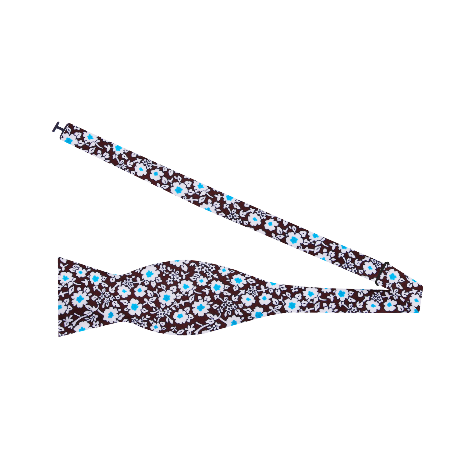 Brown, Light Blue, White Small Flowers Bow Tie Self Tie