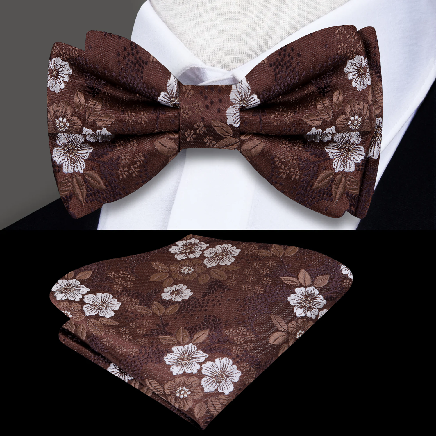 Brown, White Floral Bow Tie and Square