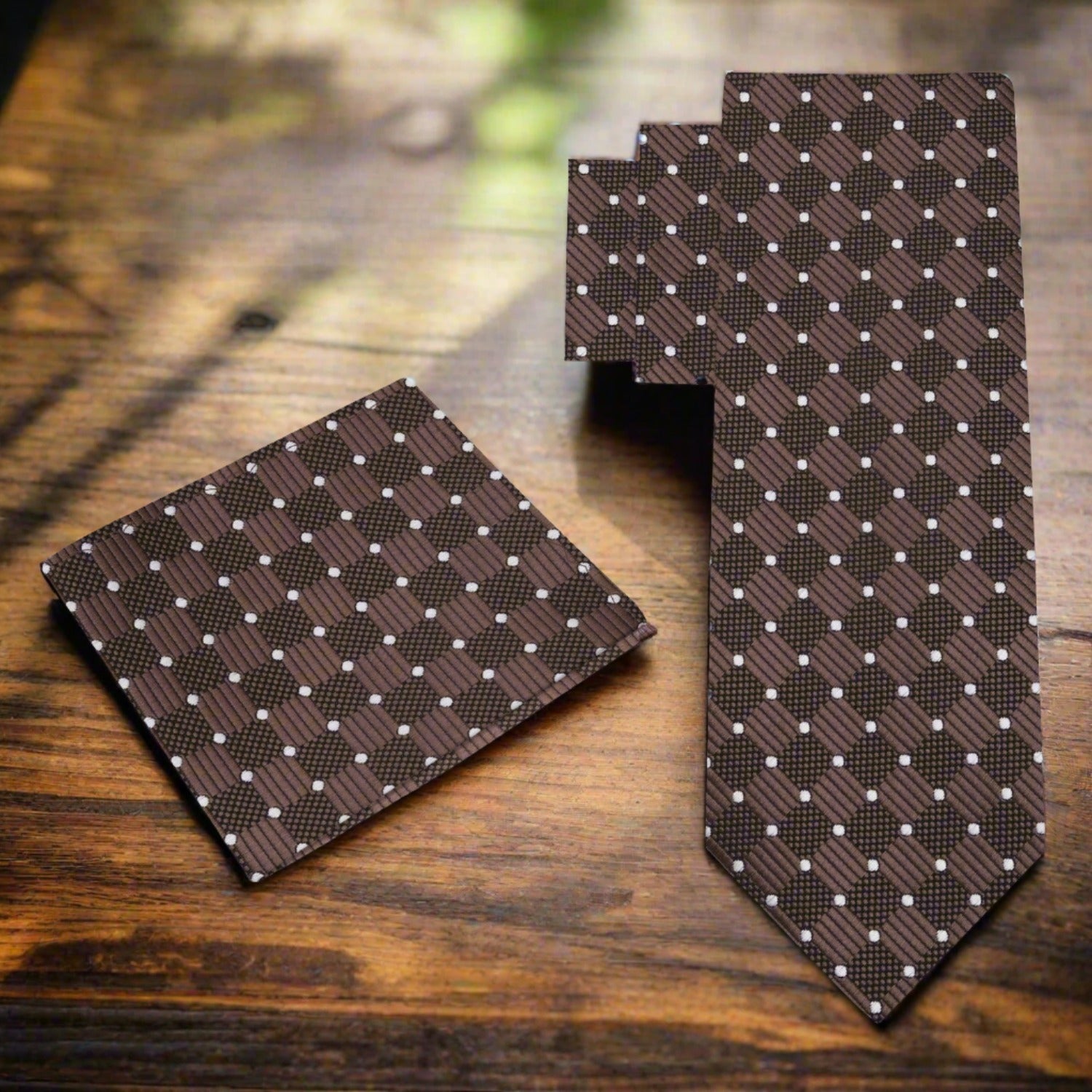 Alt View: Brown Geometric Necktie and Matching Square