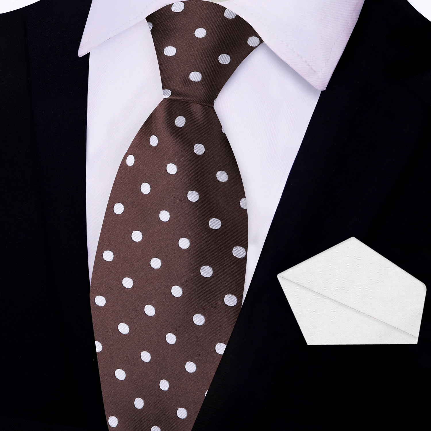 Brown and White Polka Necktie and White Pocket Square