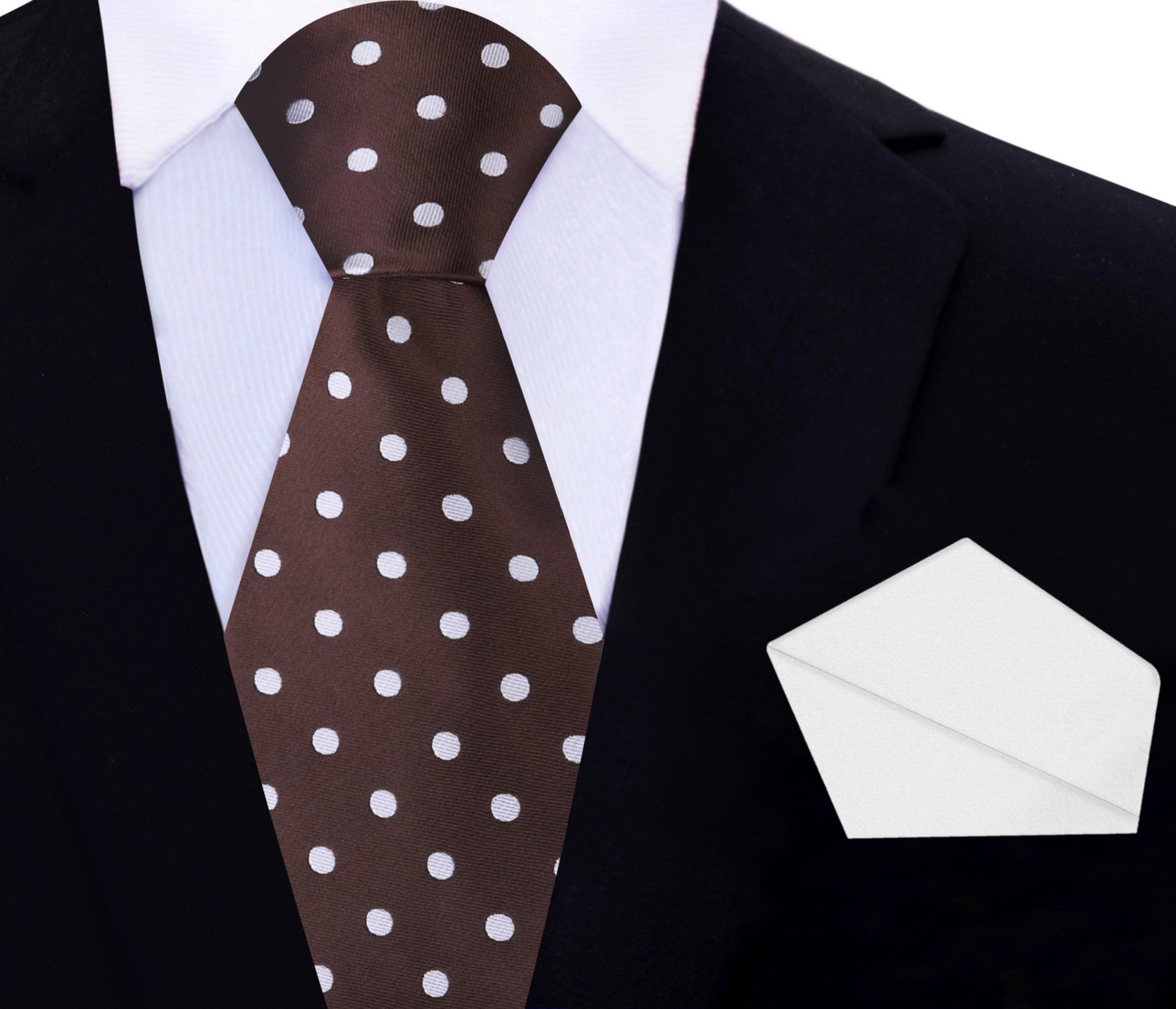 View 2: Brown and White Polka Necktie and White Pocket Square
