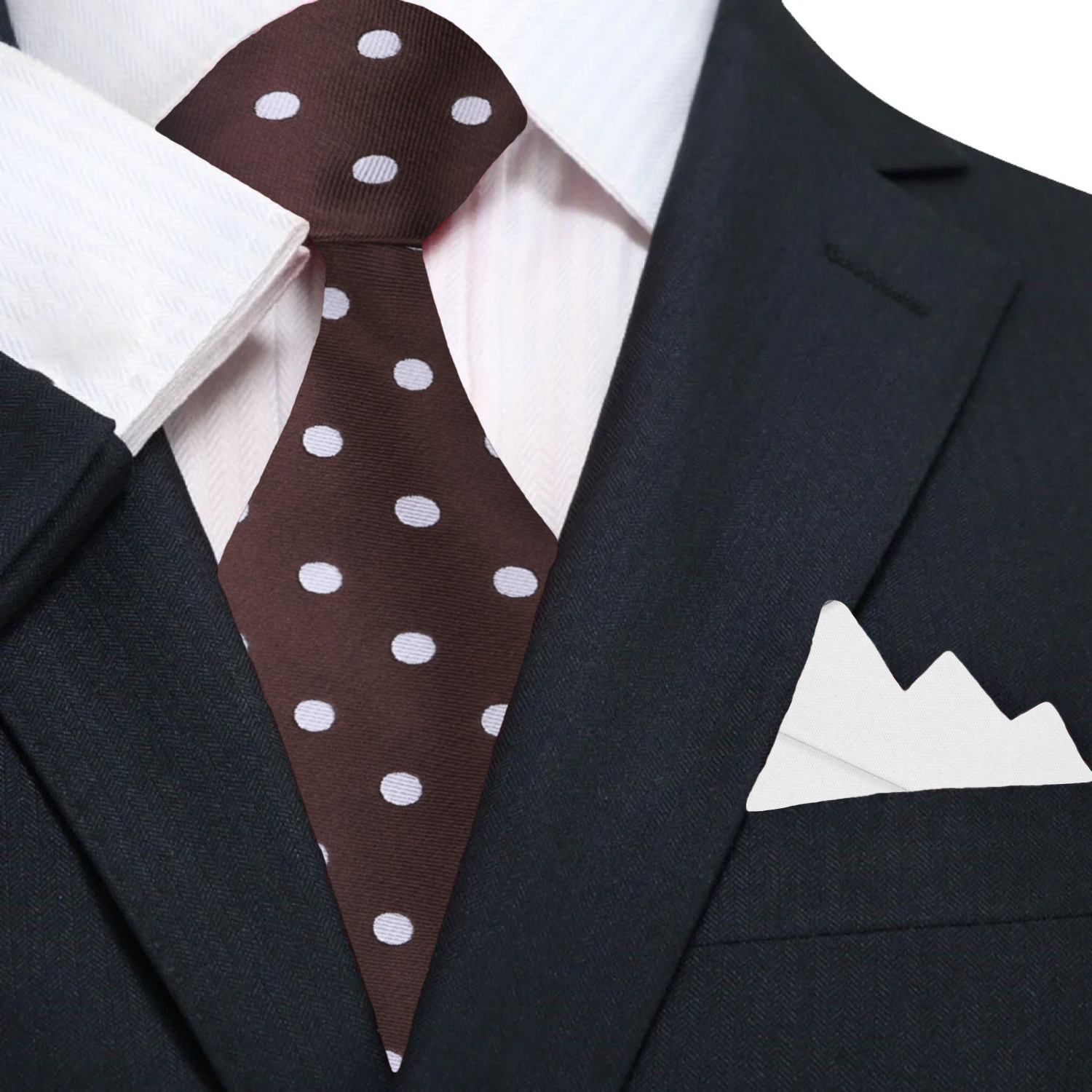 Main: Brown and White Polka Necktie and White Pocket Square