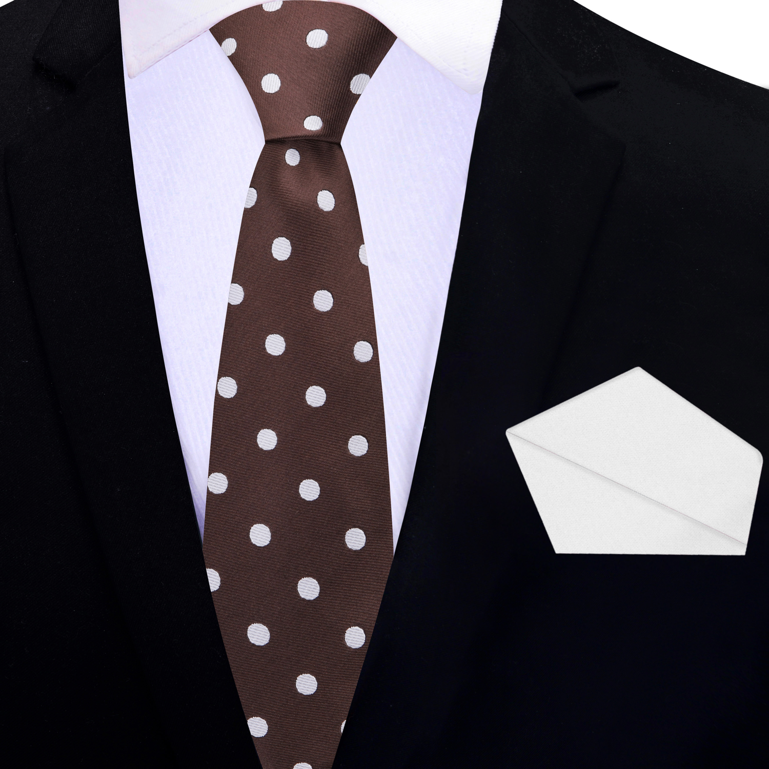 Thin Tie: Brown and White Polka Necktie and White Pocket Square