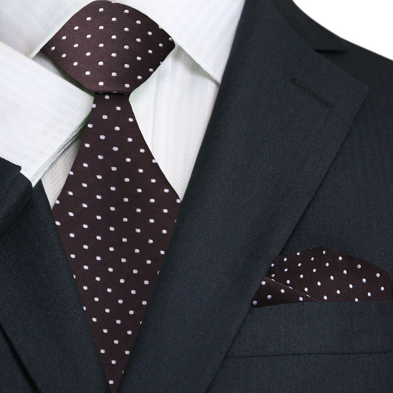 Main: A Brown, White Polka Dot Pattern Necktie and Square