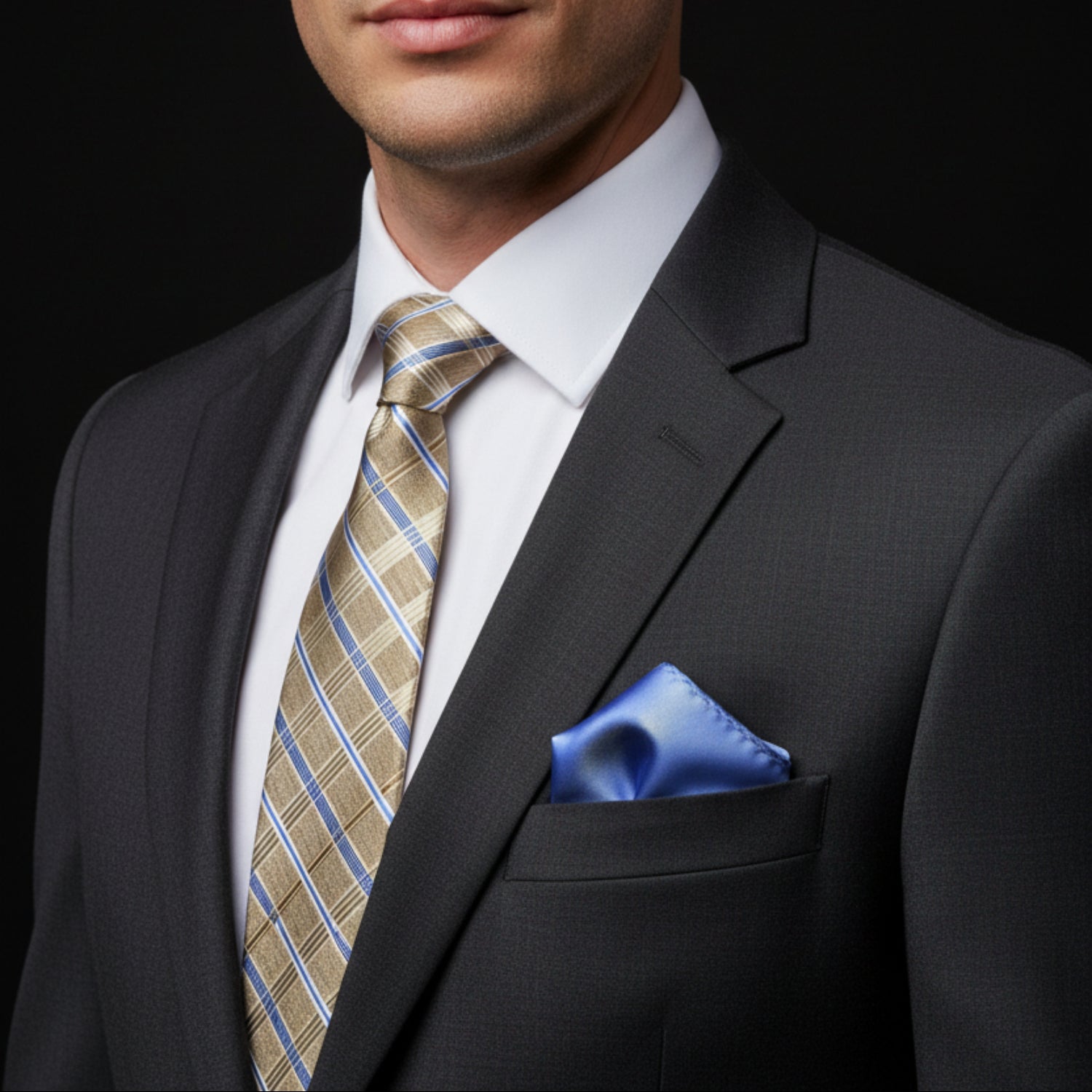 Light Brown Blue Plaid Tie and Blue Square on man