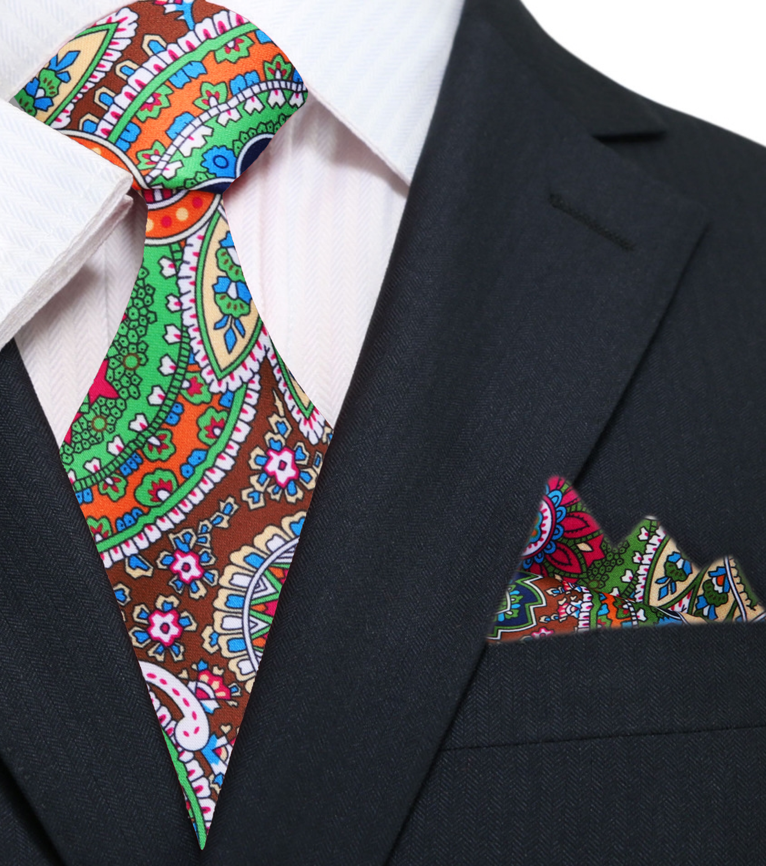 Main: Green, Brown, Blue, Red Paisley Abstract Tie and Matching Square