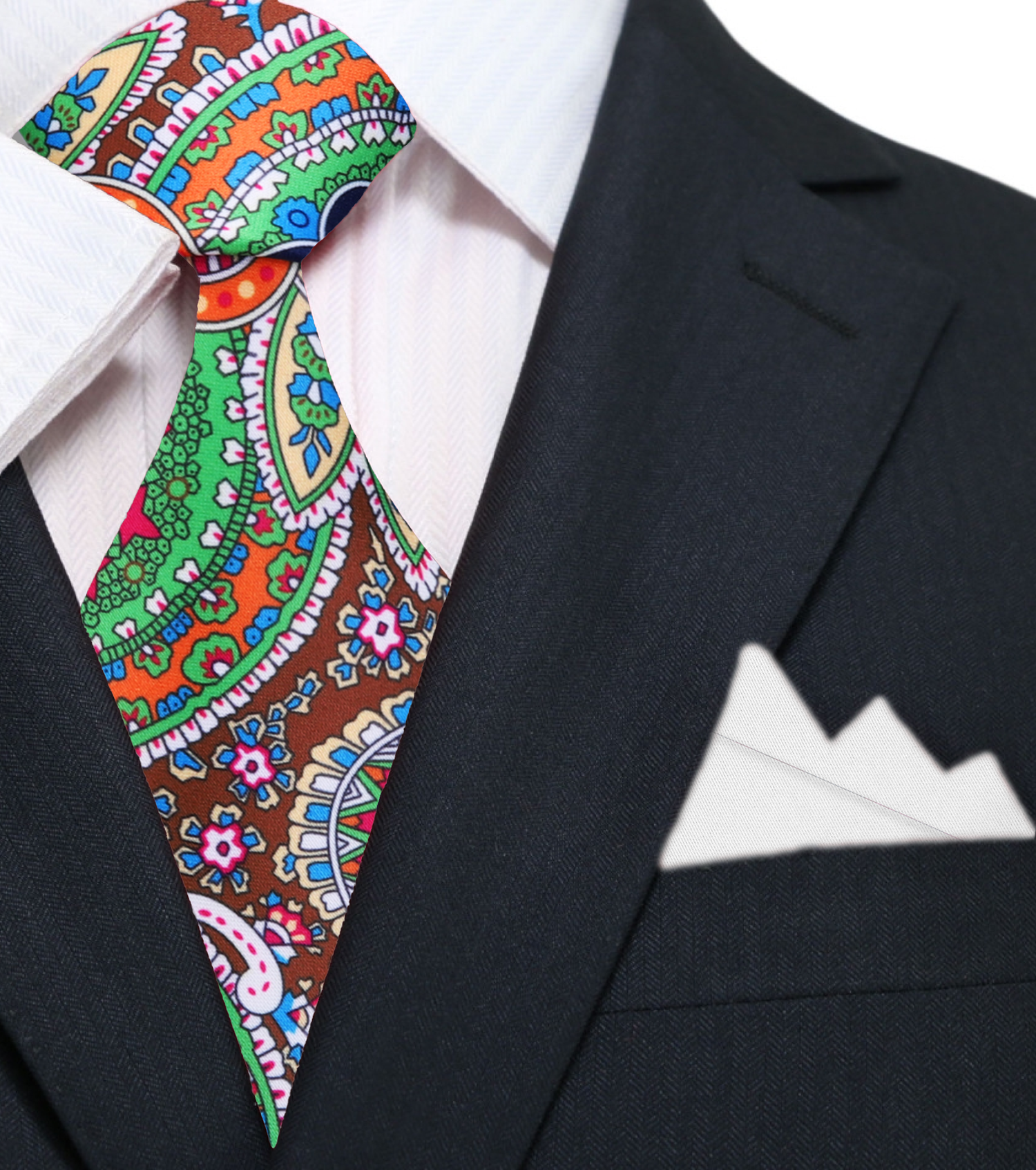 Main: Green, Brown, Blue, Red Paisley Abstract Tie and White Square