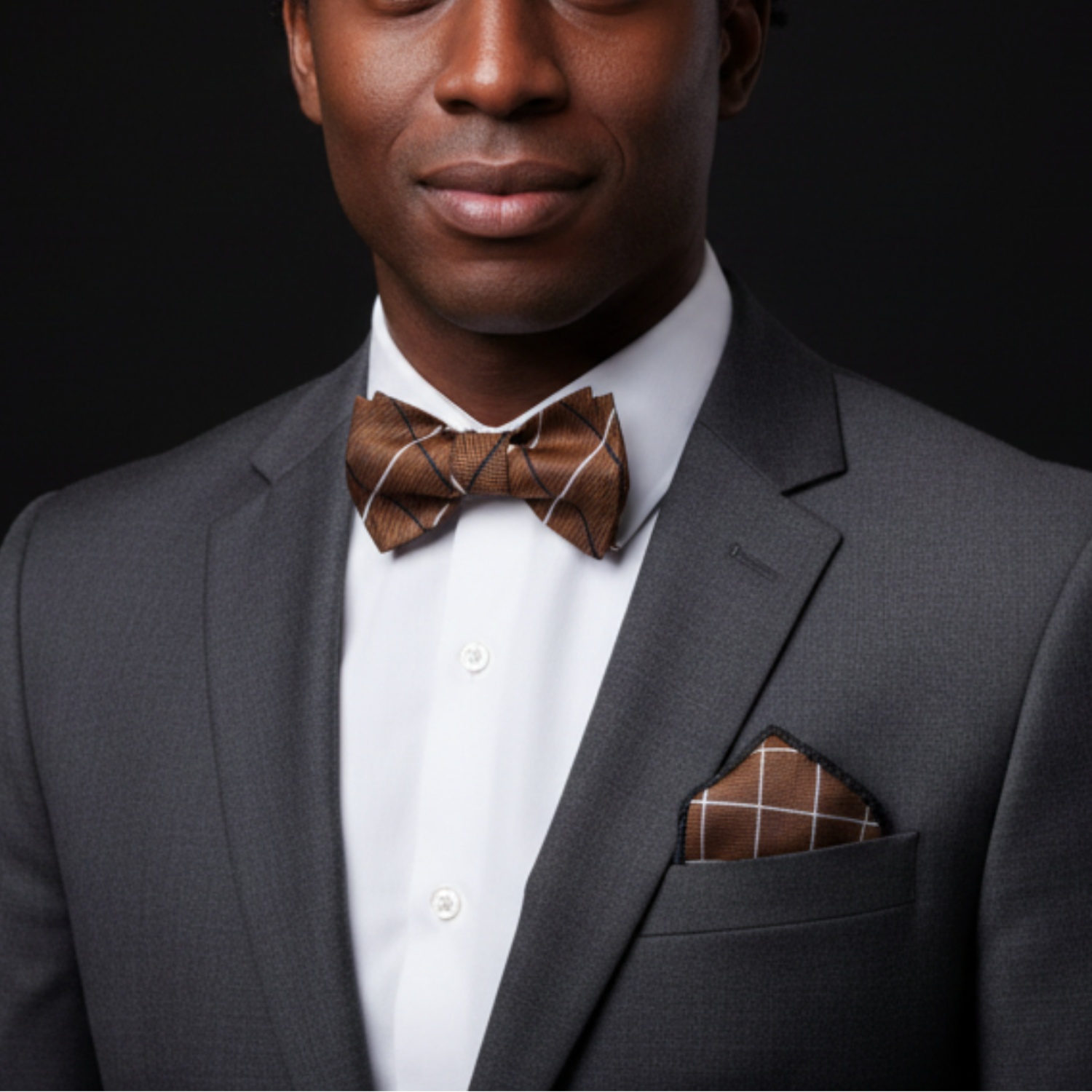 Man wearing a gray suit with a brown bow tie and pocket square on a black background