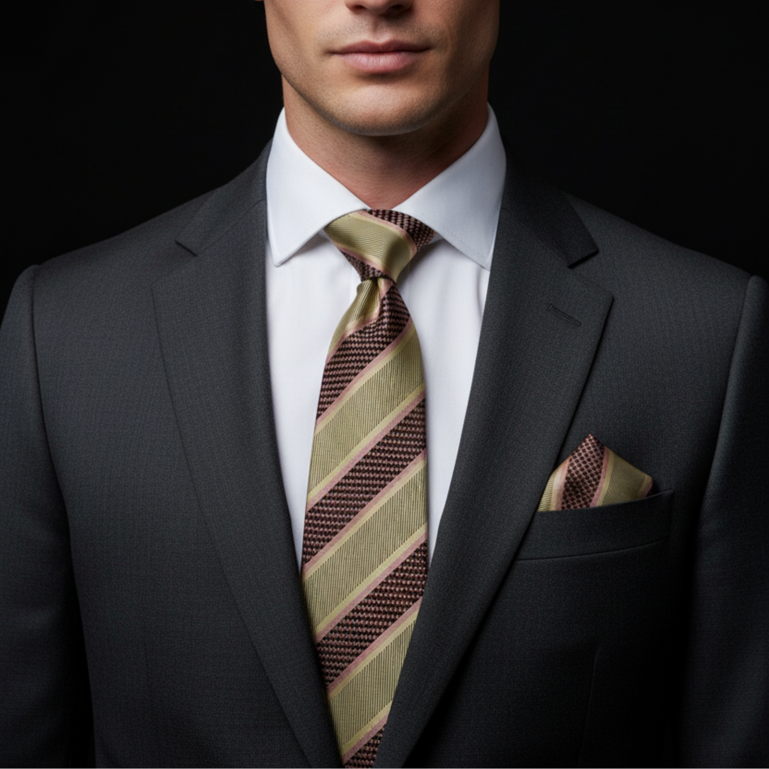 Man wearing a dark suit with a patterned tie and pocket square against a black background