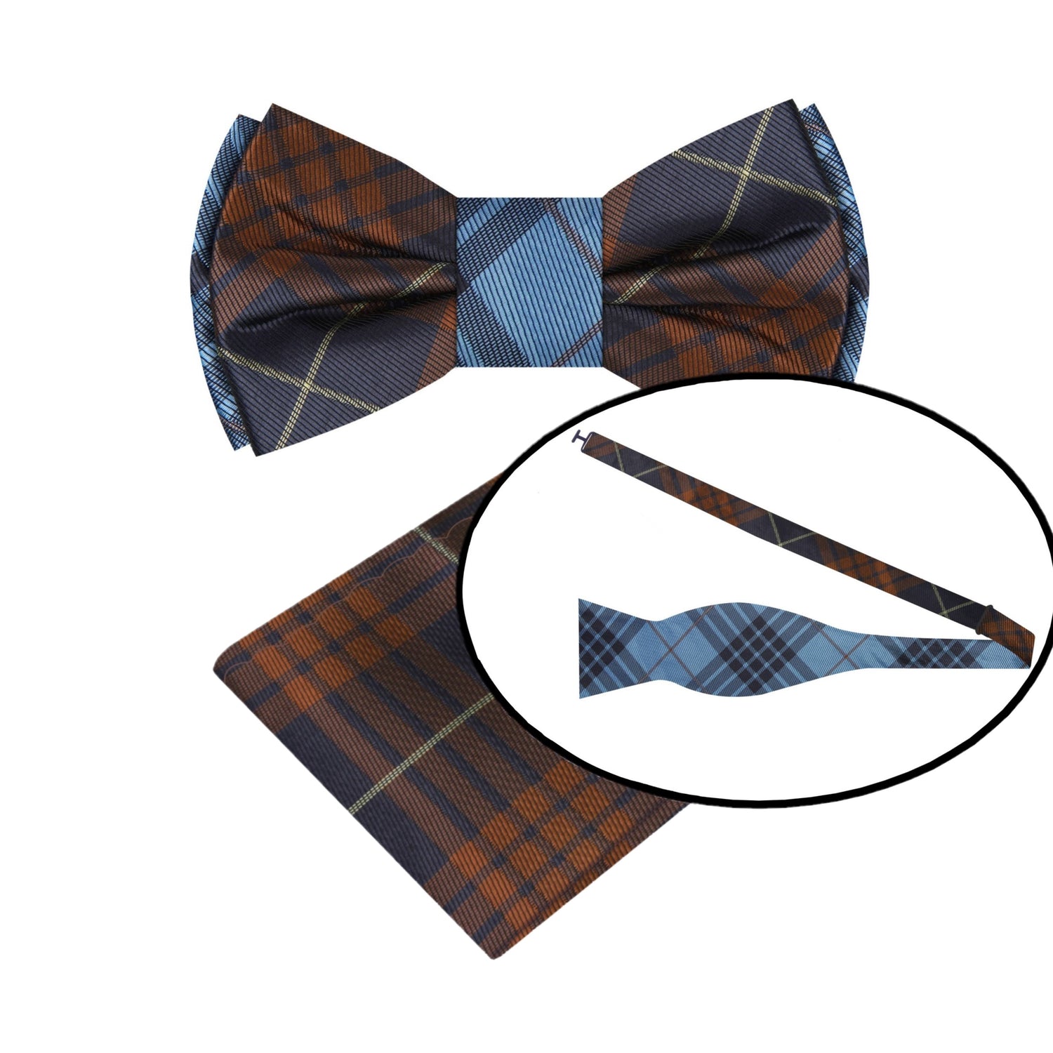 View 2: Brown, Blue Plaid Bow Tie with Square