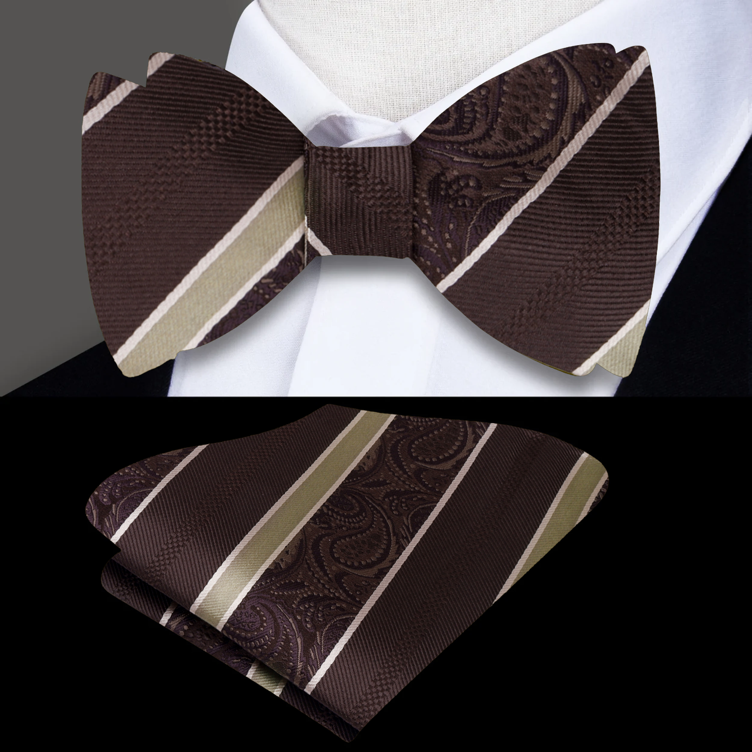 Main View: A Brown, Gold Paisley Paisley Pattern Silk Self Tie Bow Tie and Pocket Square