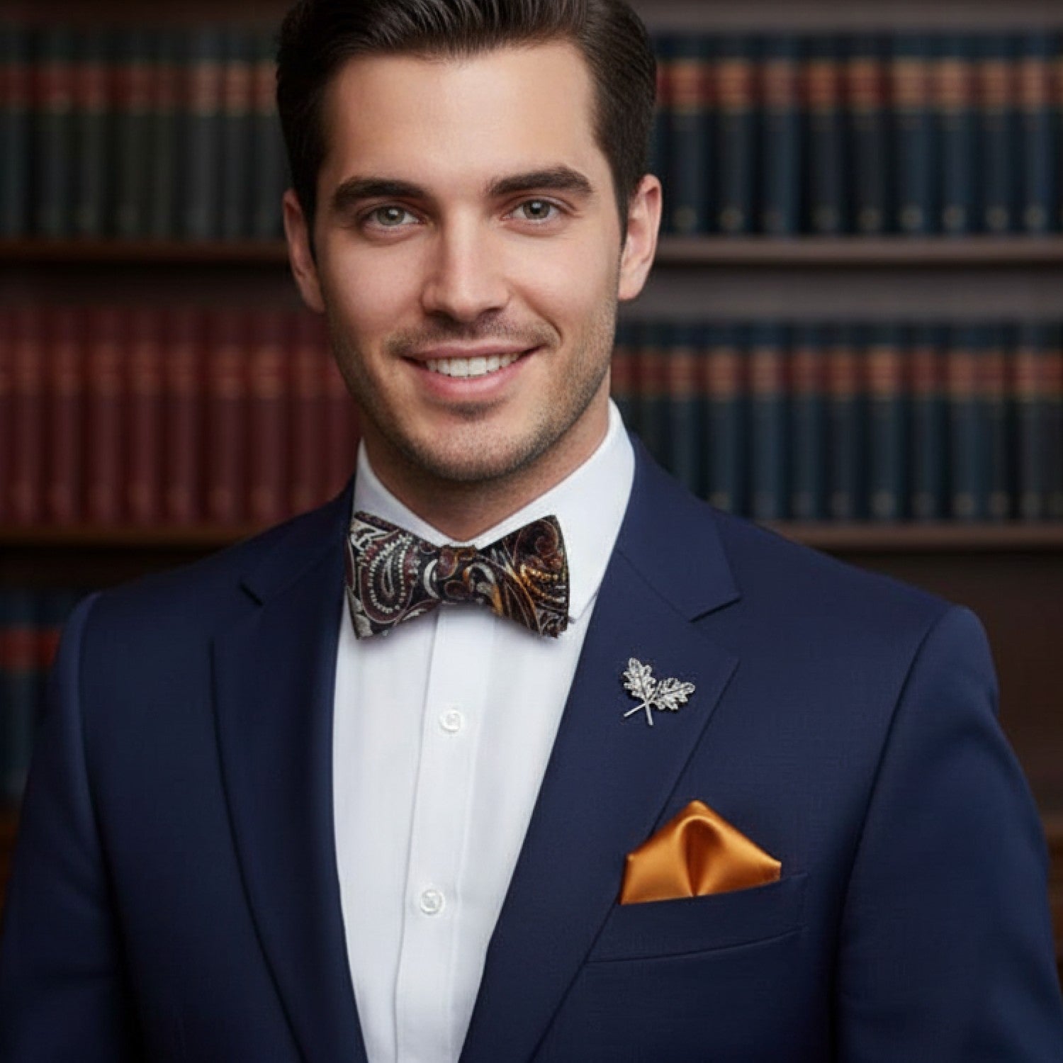 Man in a blue suit with a patterned bow tie and orange pocket square, standing in front of bookshelves.
