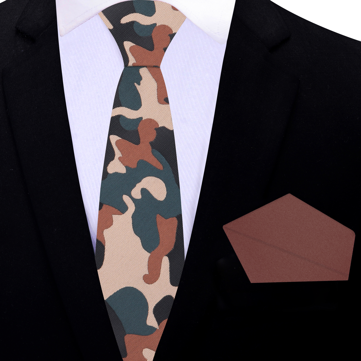 Thin Tie: Brown, Black, Green Camouflage Necktie and Brown Necktie