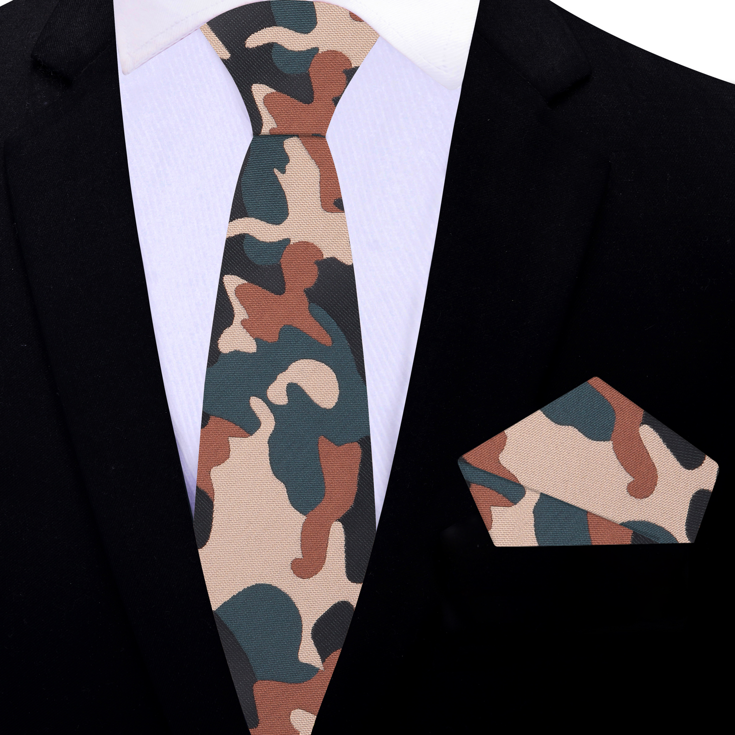 Thin Tie: Brown, Black, Green Camouflage Necktie and Matching Square