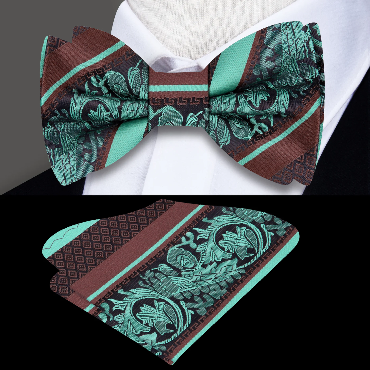 Mint, Brown Stripe With Intricate Vine Bow Tie and Pocket Square