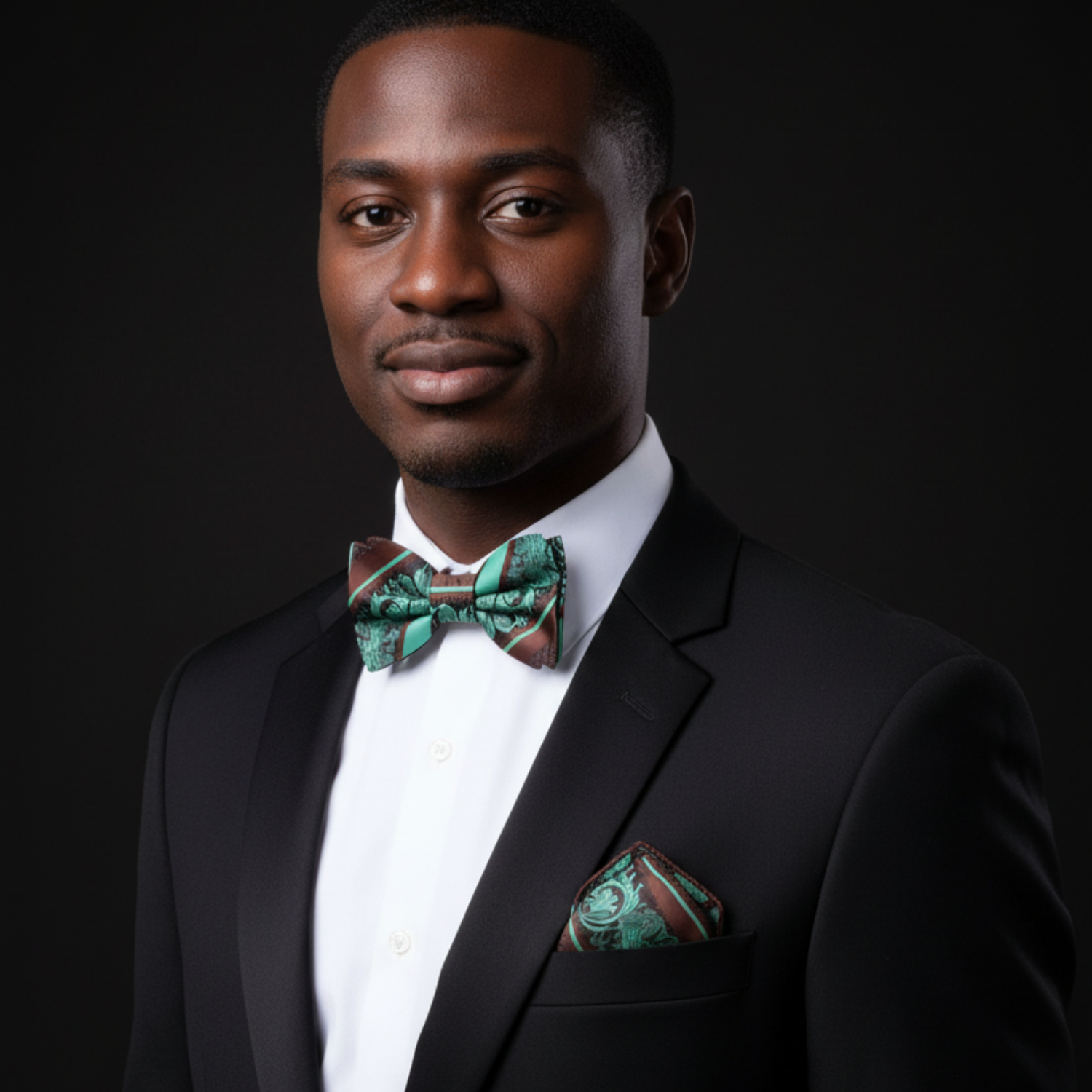 Man wearing a black suit with a green bow tie and pocket square on a dark background