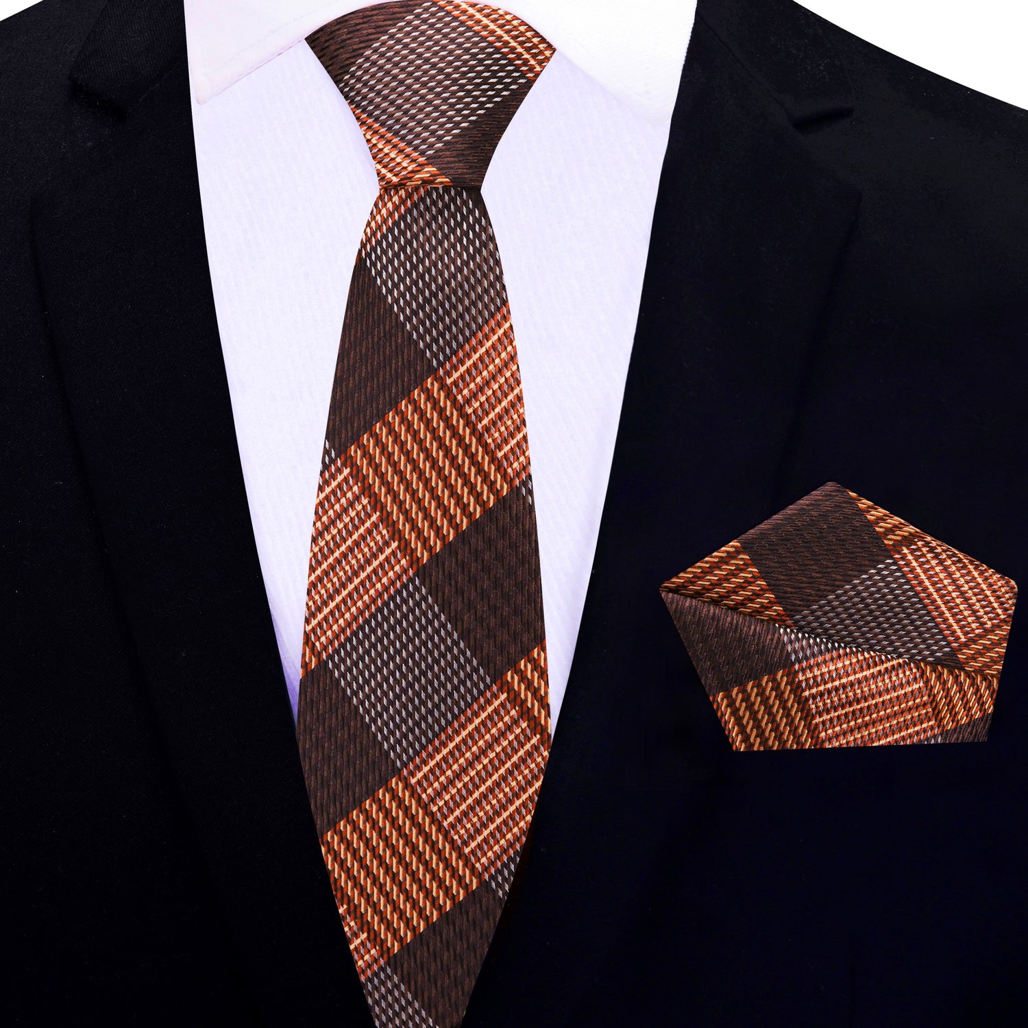 Thin Tie: Brown and Orange Plaid Tie and Square