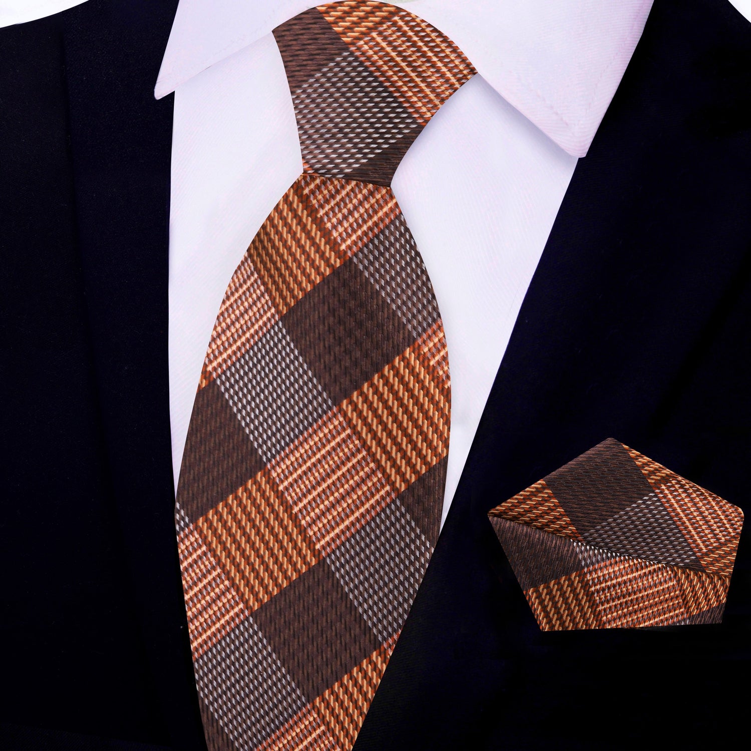 Brown and Orange Plaid Tie and Square