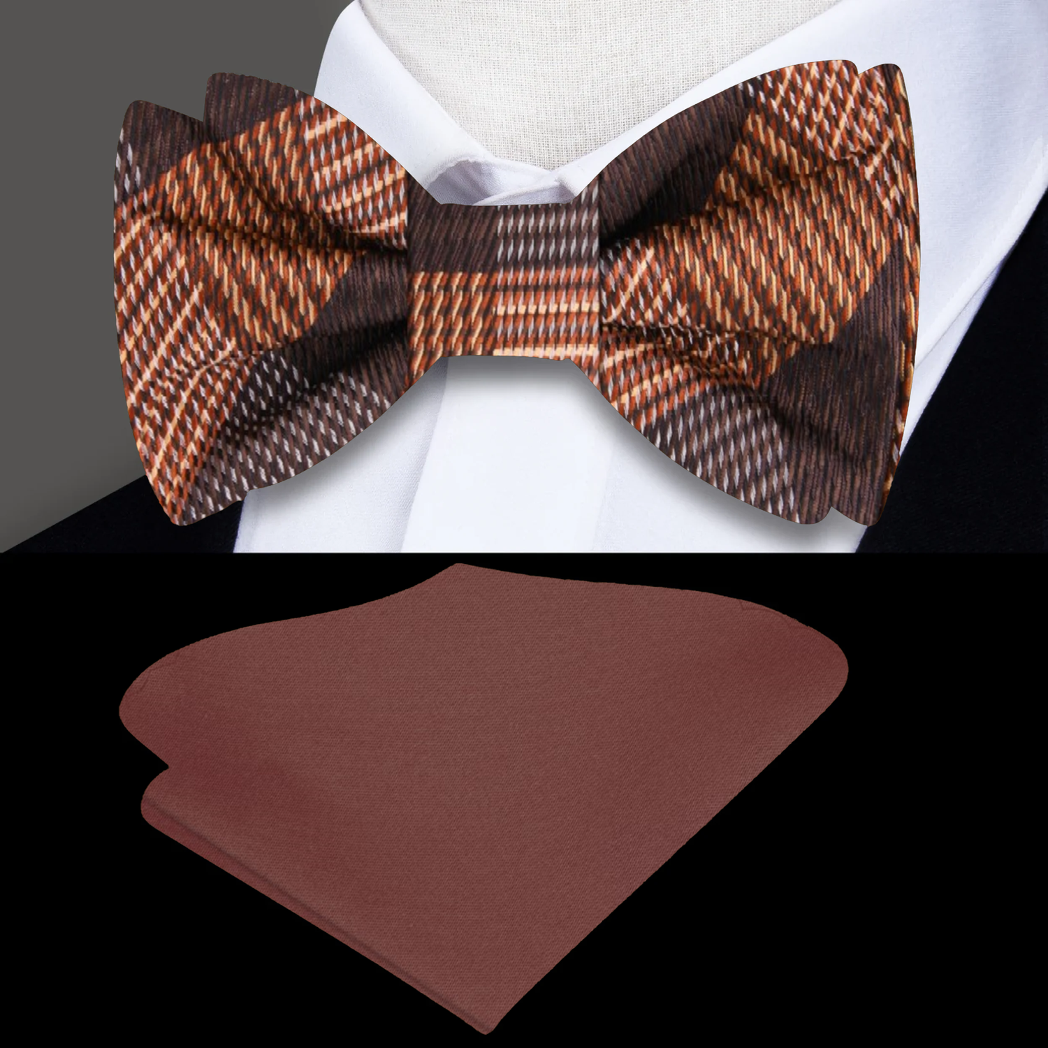 Main: Brown and Orange Plaid Bow Tie and Brown Square
