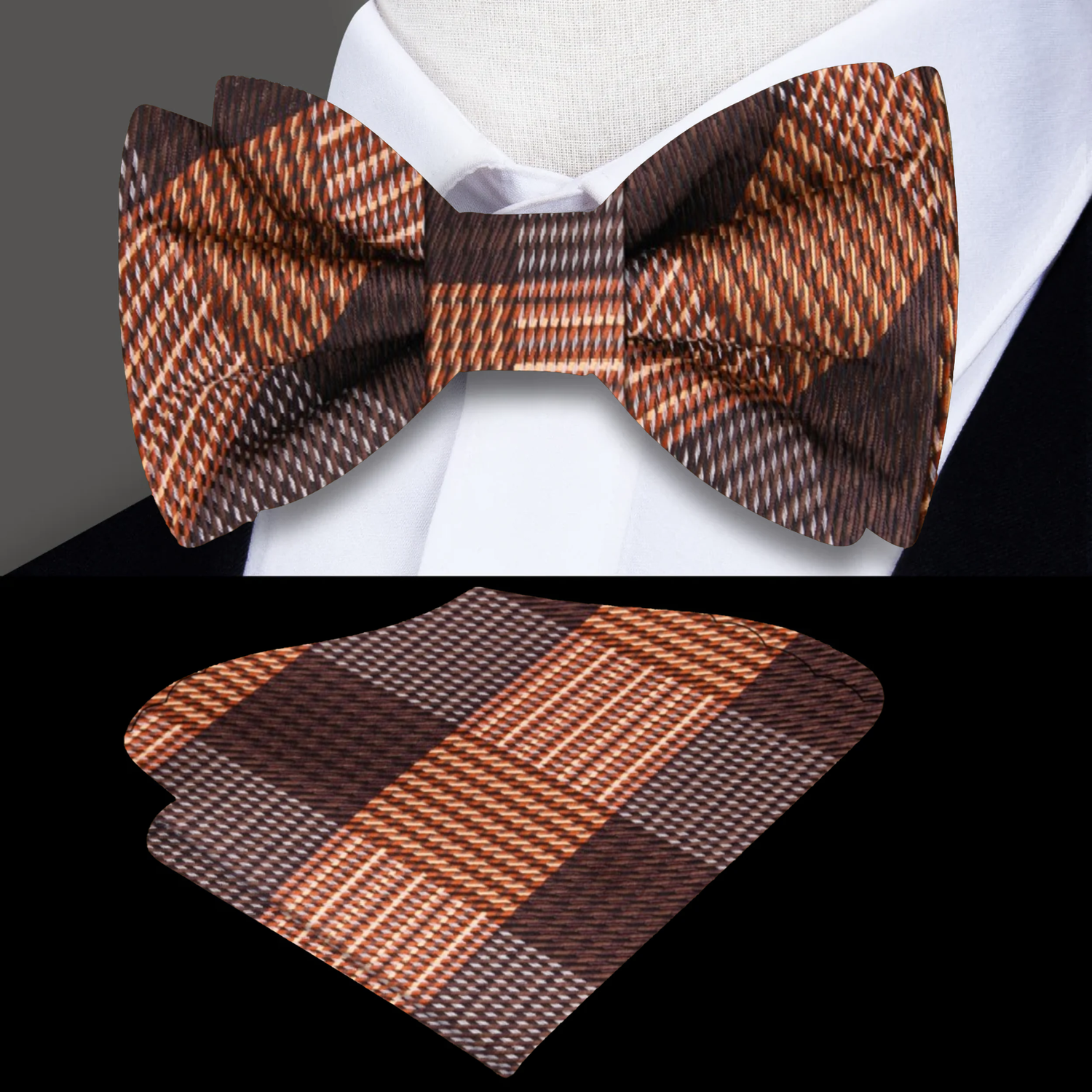 Main: Brown and Orange Plaid Bow Tie and Matching Square