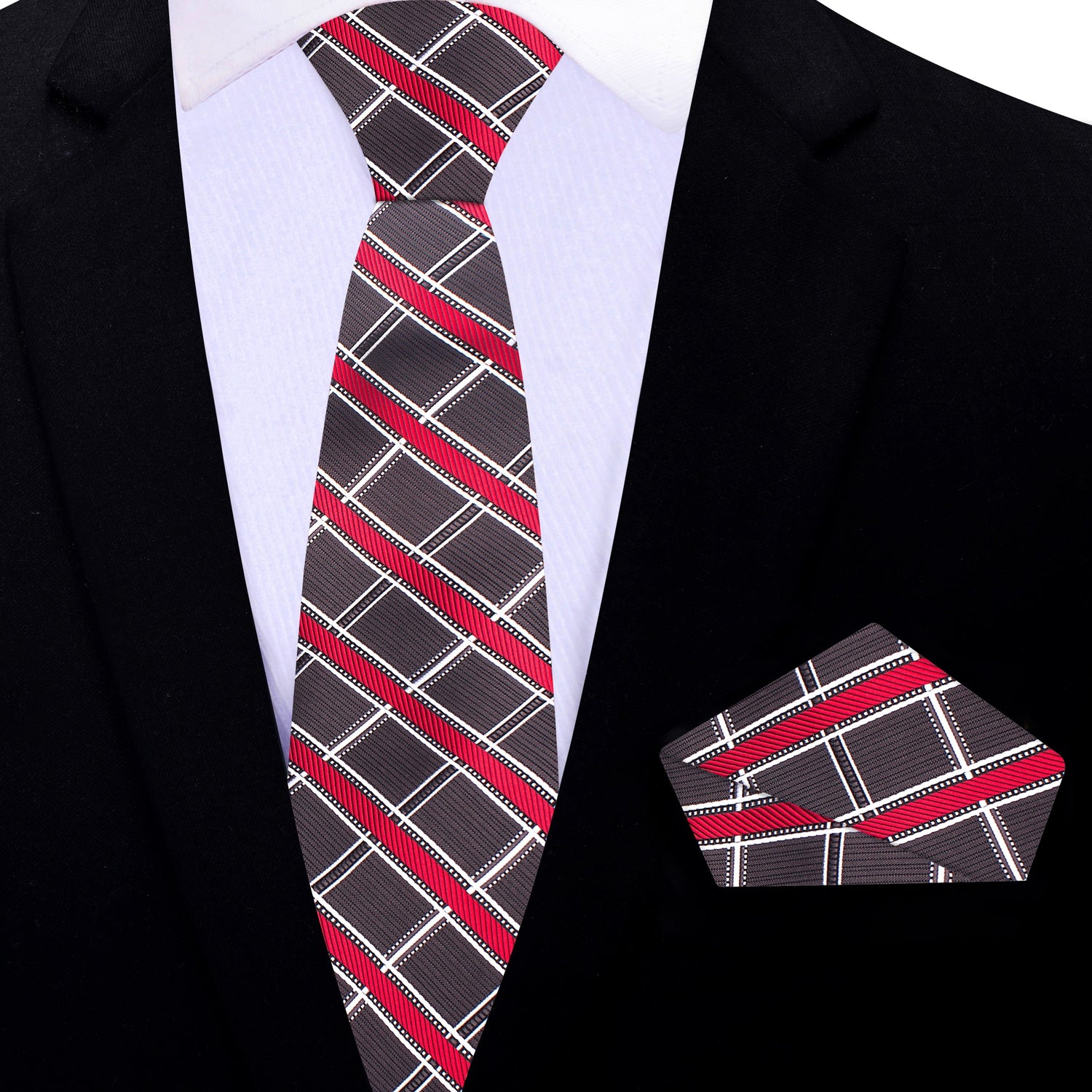 Thin Tie: Greyish Brown, Red, White Plaid Tie and Matching Square