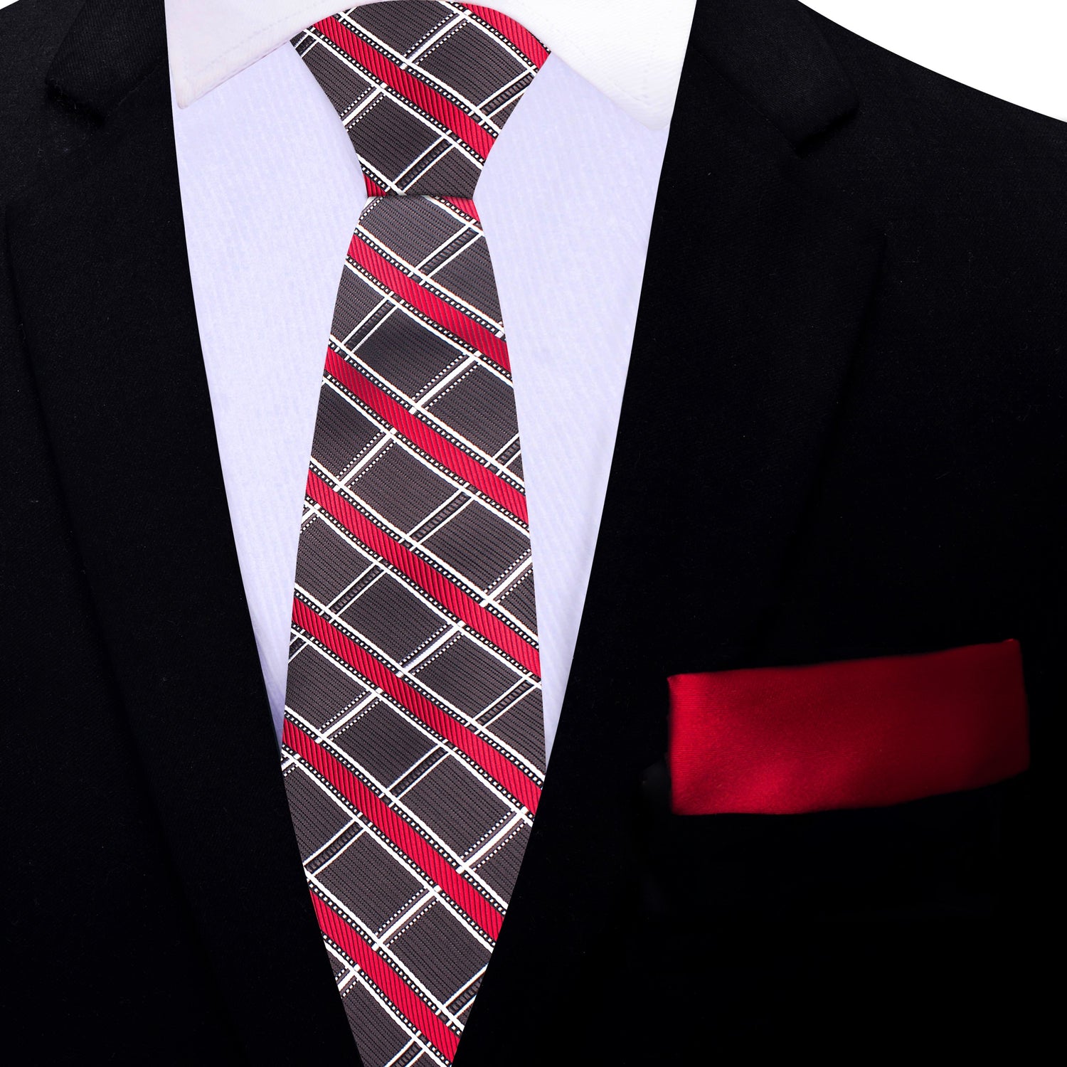 Thin Tie: Greyish Brown, Red, White Plaid Tie and Red Square
