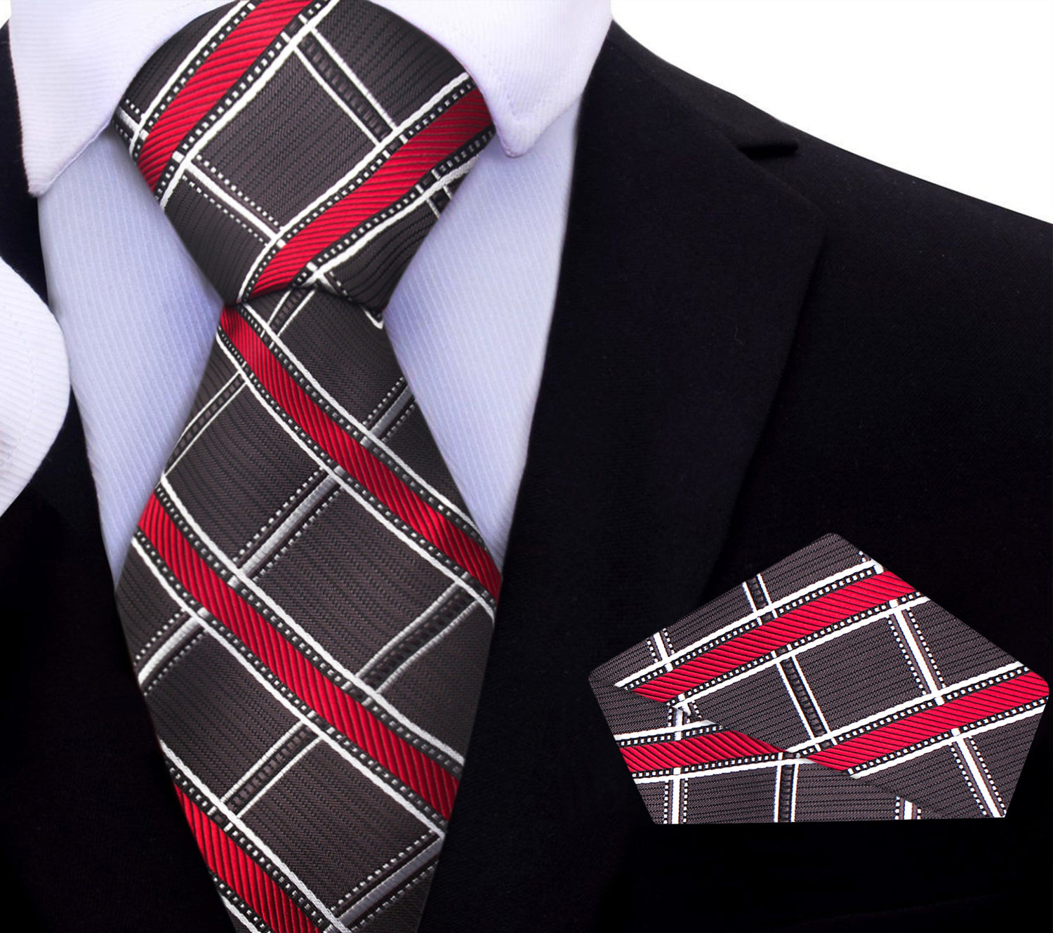 Greyish Brown, Red, White Plaid Tie and Matching Square