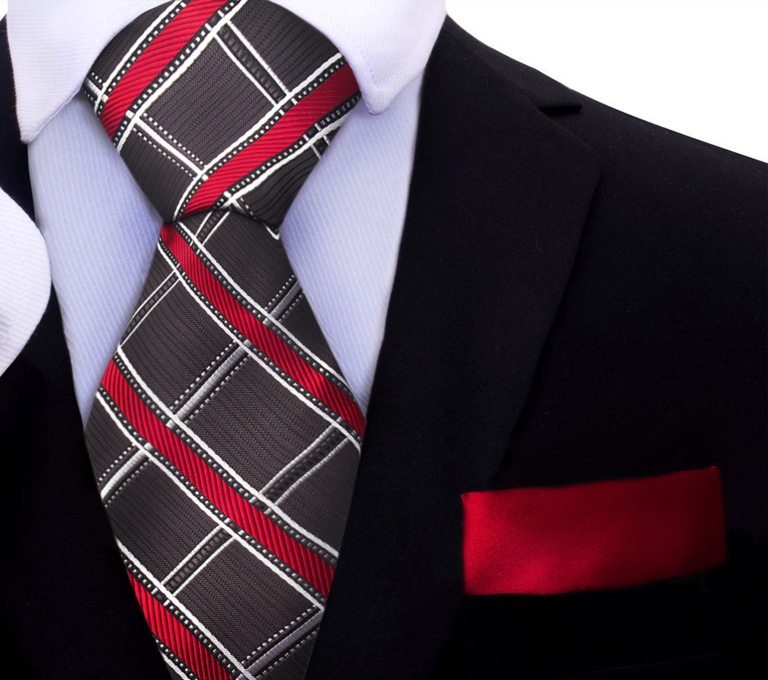 Greyish Brown, Red, White Plaid Tie and Red Square