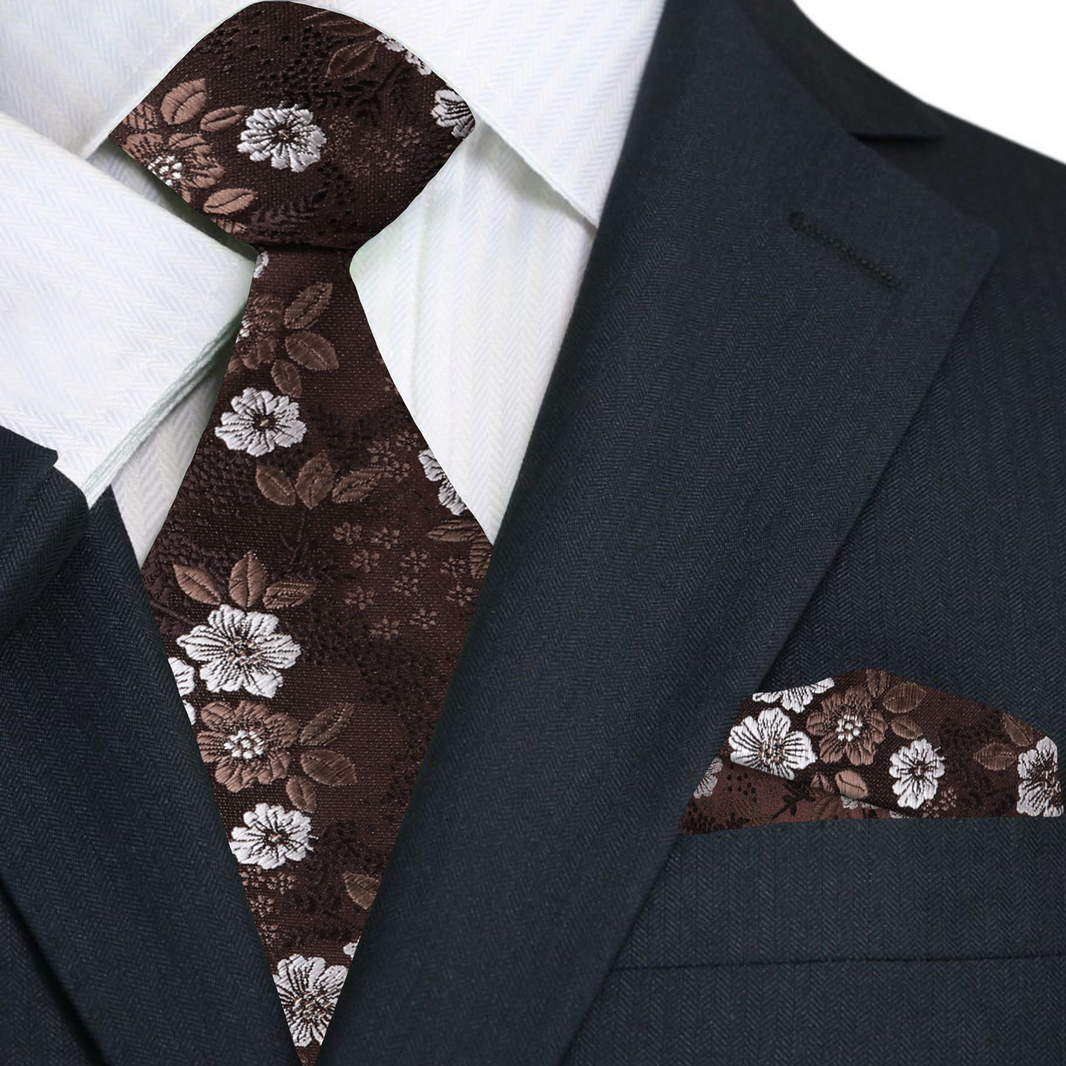 Floral-patterned tie and pocket square set on a suit jacket