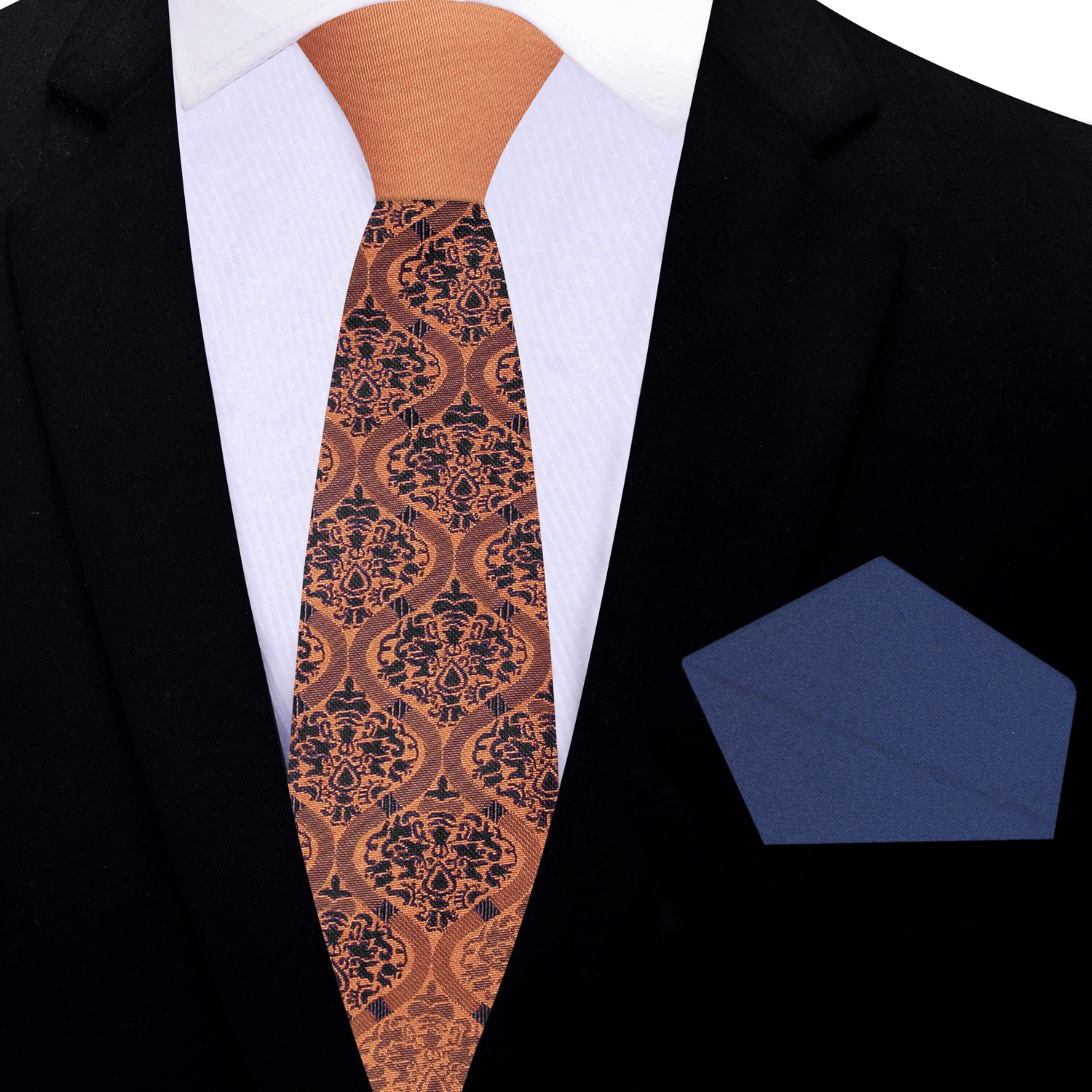 Thin Tie: A Copper Orange, Dark Blue Intricate Abstract Pattern Silk Necktie, Blue Silk Pocket Square