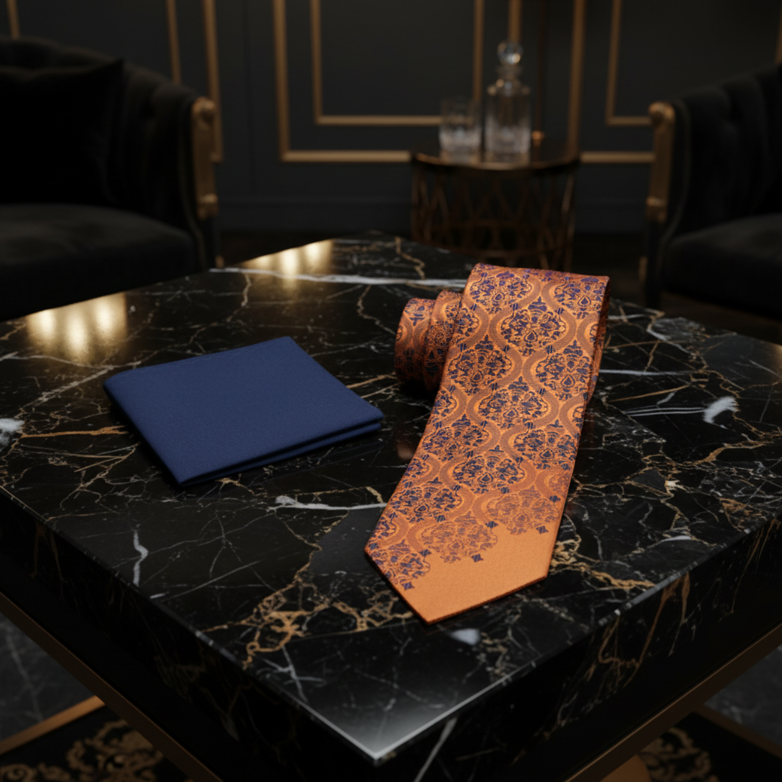 Burnt Orange Navy Paisley Tie with Pocket Square for Weddings & Suits