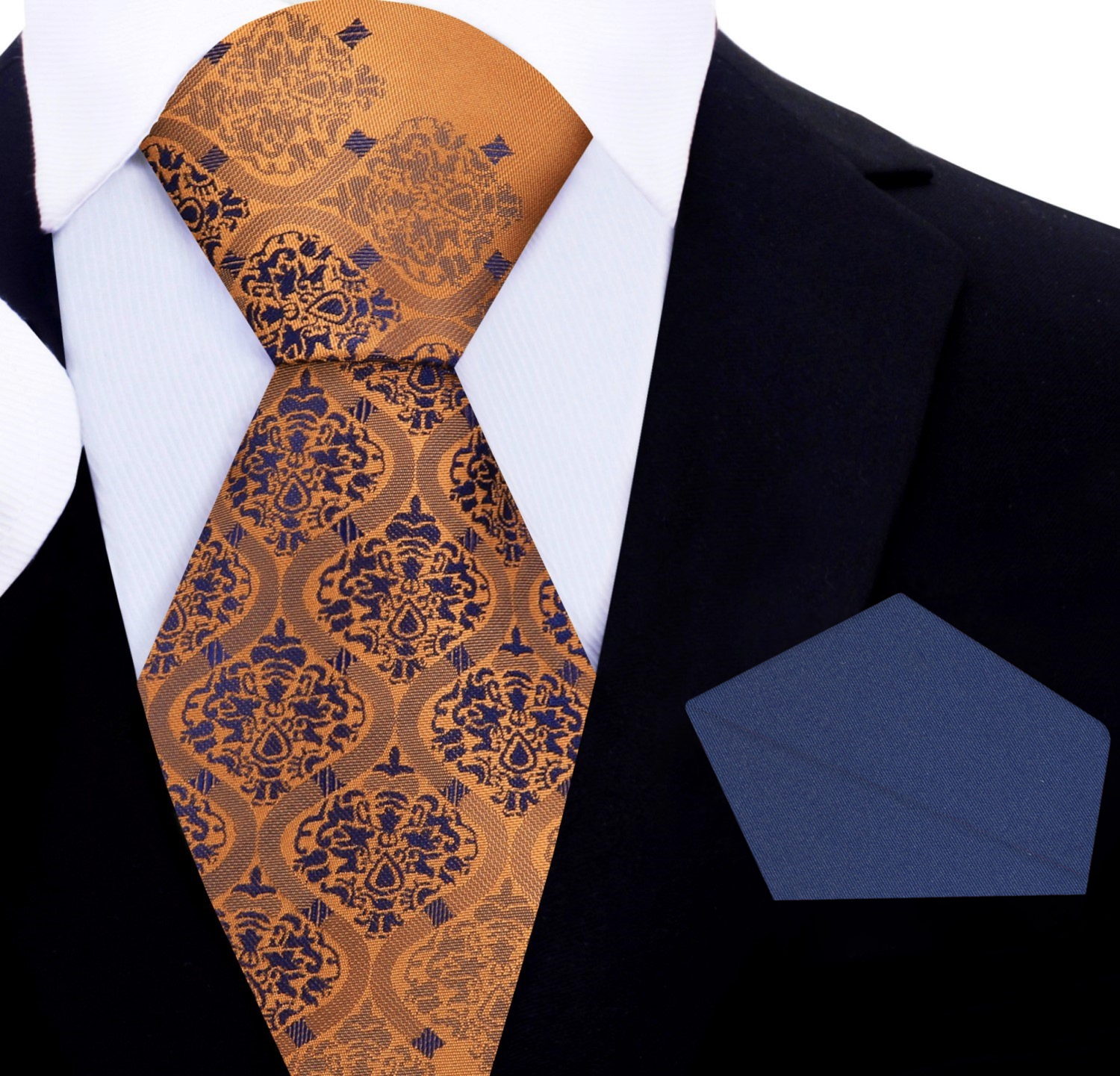 A Copper Orange, Dark Blue Intricate Abstract Pattern Silk Necktie, Blue Silk Pocket Square
