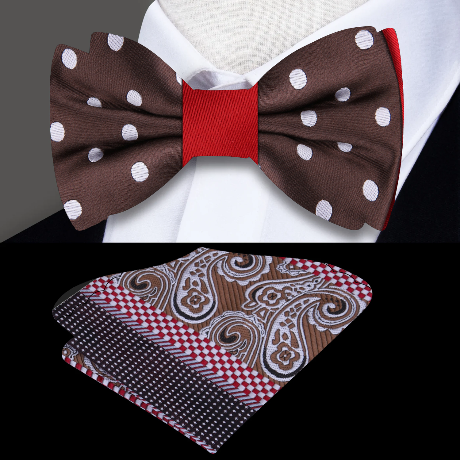 Brown, White, Red Polka Bow Tie and Accenting Square