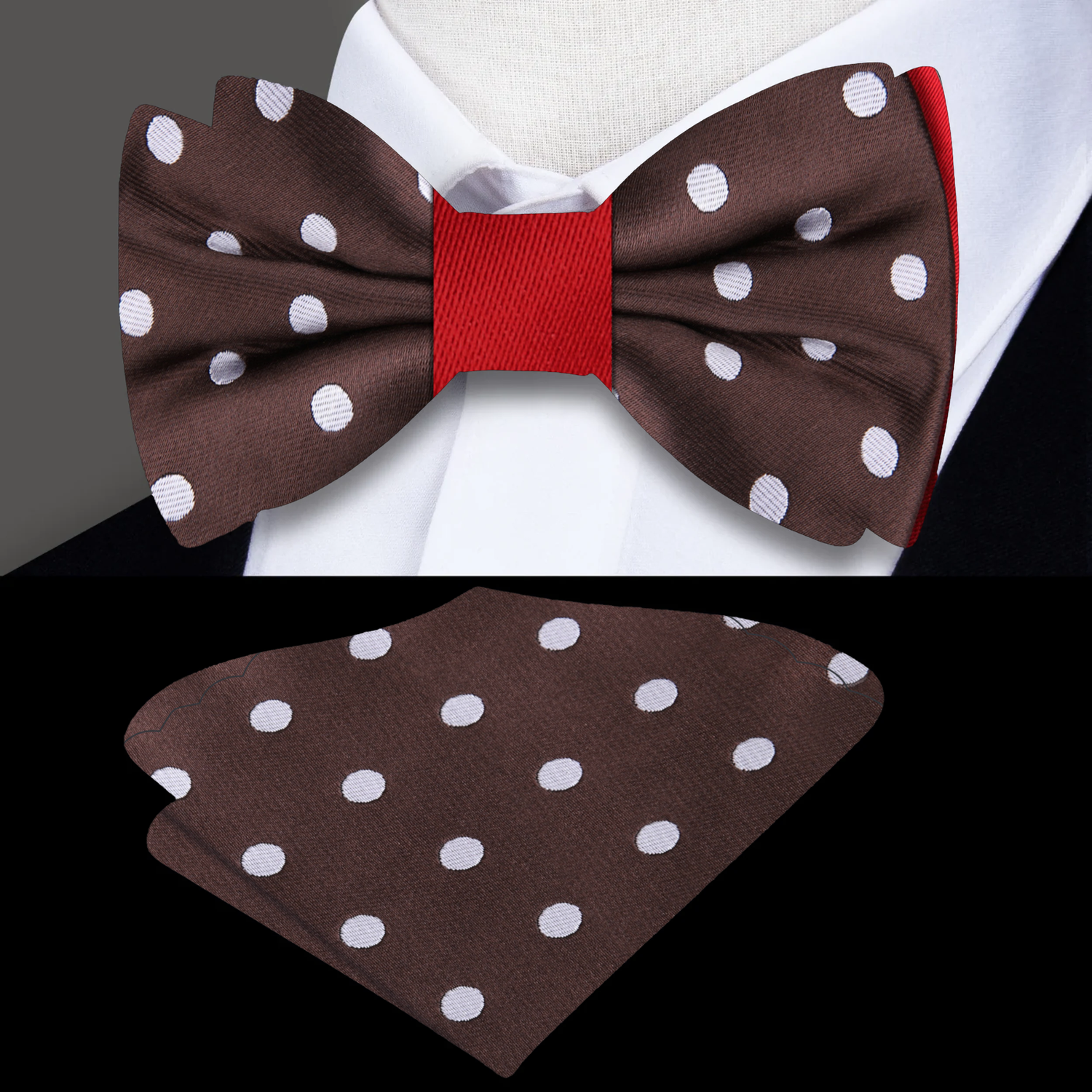 Brown, White, Red Polka Bow Tie and Square