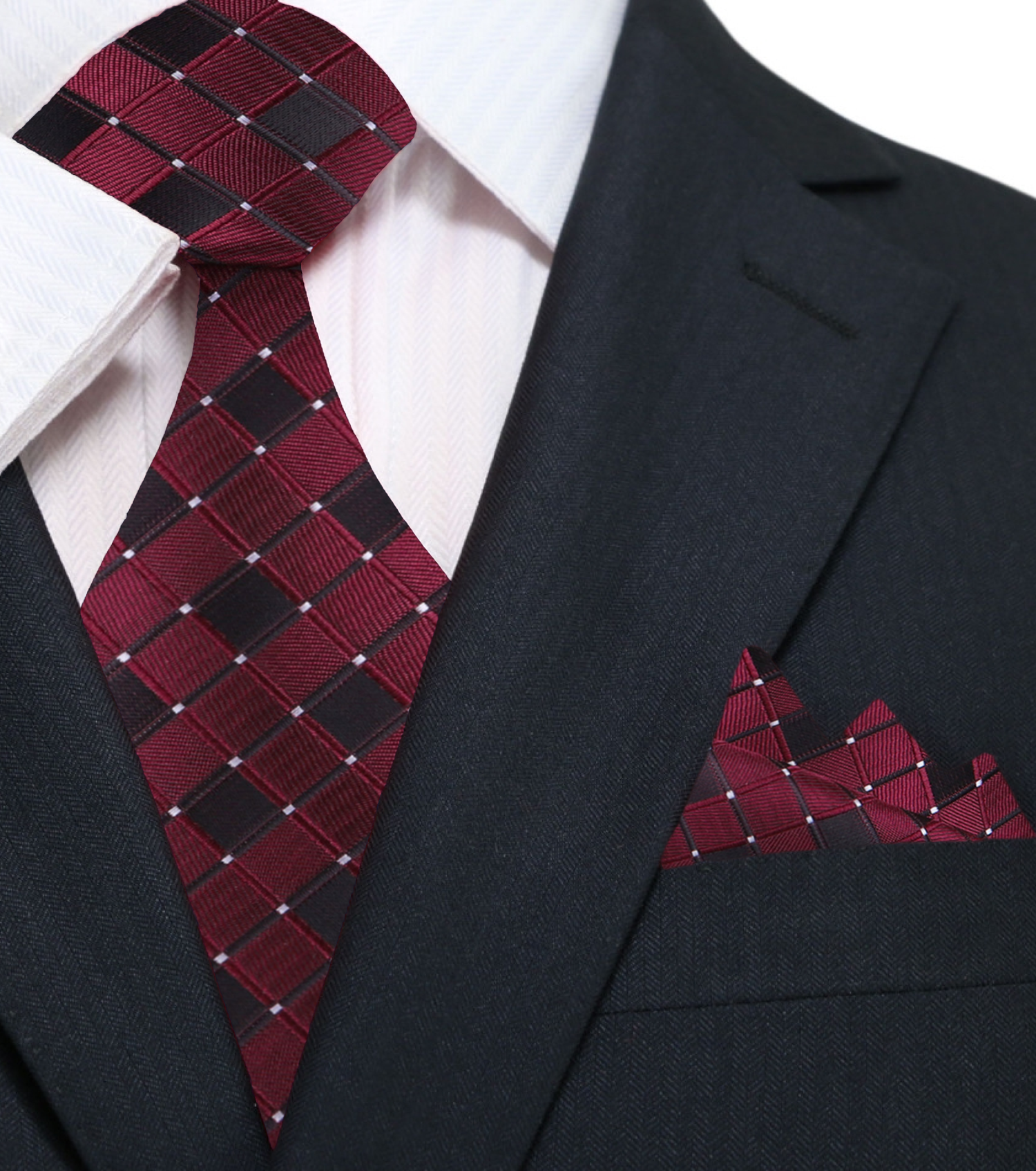 A Burgundy, Dark Burgundy Geometric Pattern Silk Necktie With Matching Pocket Square||Burgundy