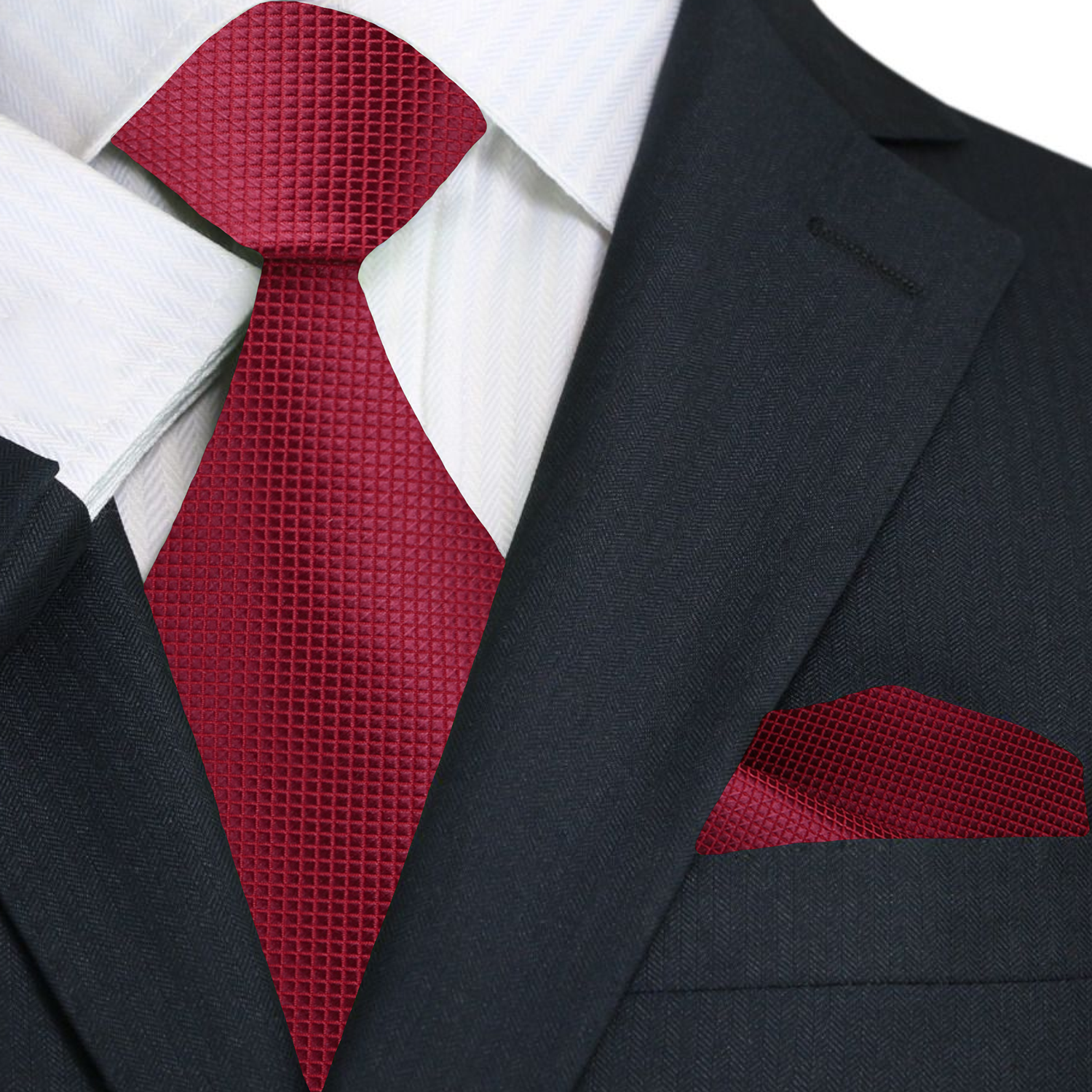 A Solid Deep Red With Check Texture Pattern Necktie, Matching Pocket Square||Burgundy