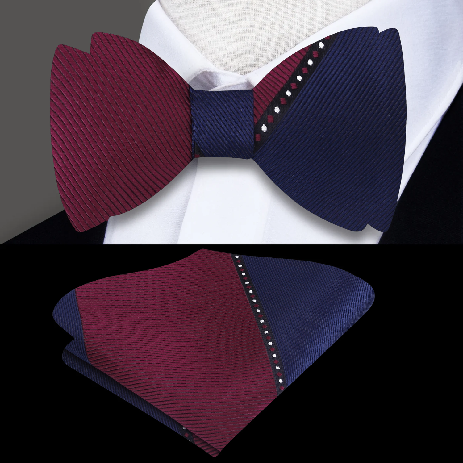 Blue, Burgundy Geometric Bow Tie and Pocket Square||Burgundy, Blue