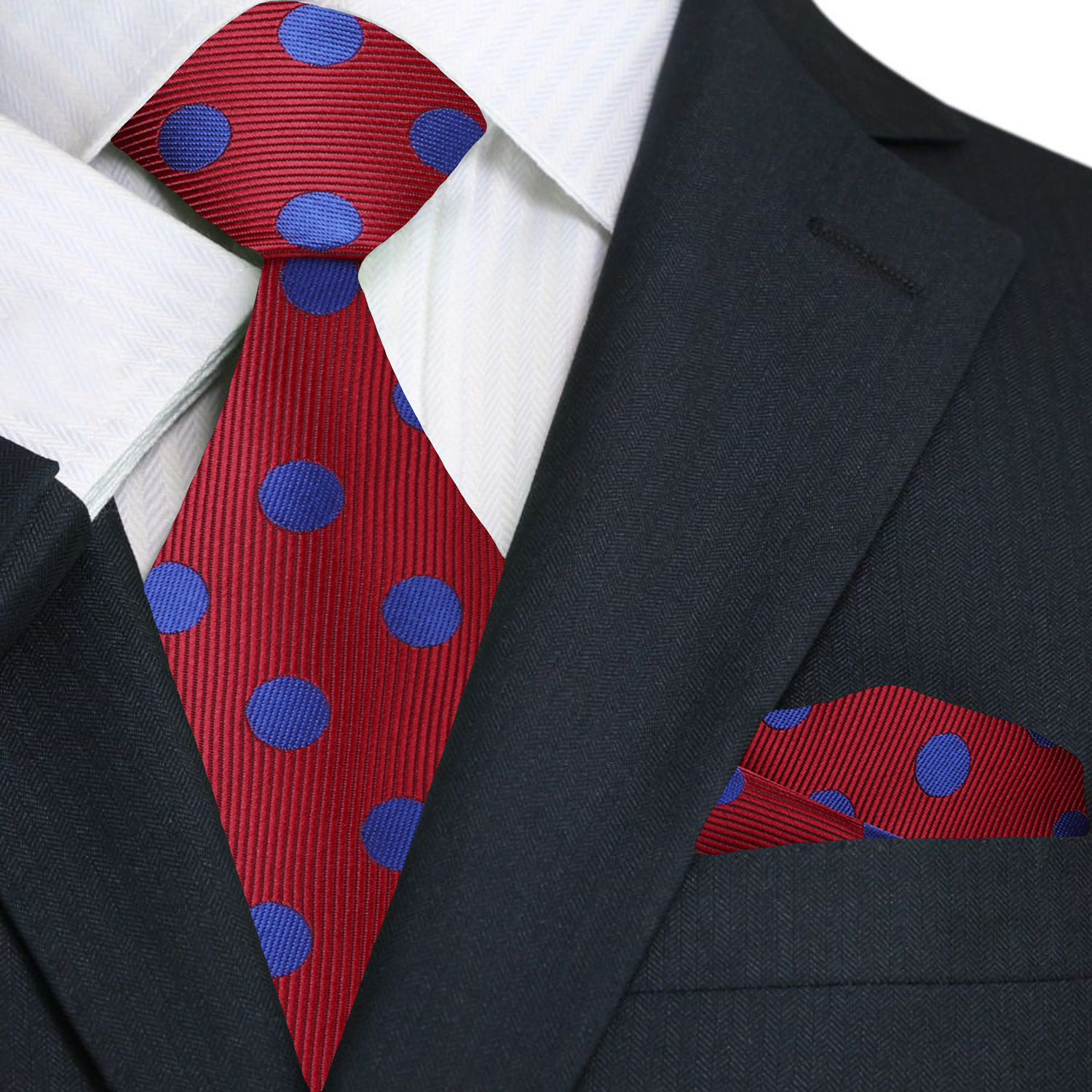 Main: A Burgundy, Blue Dot Pattern Necktie, Matching Pocket Square