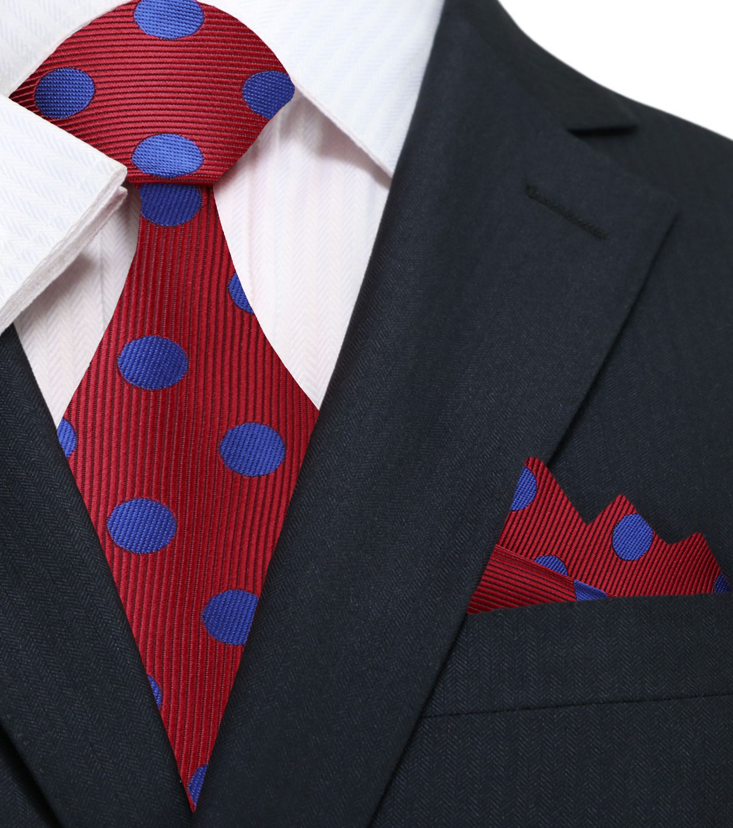 Main: A Burgundy, Blue Dot Pattern Silk Necktie, Matching Pocket Square